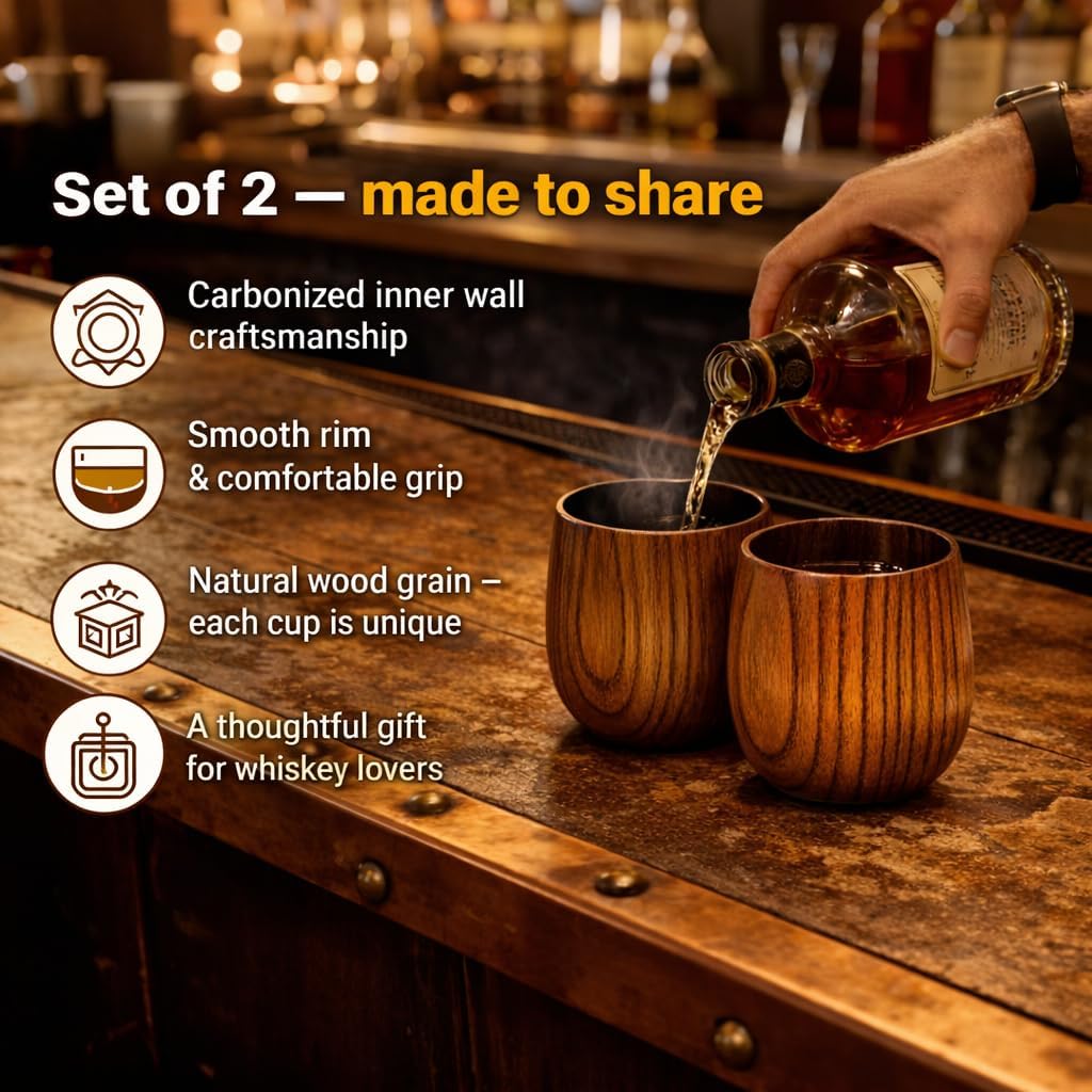 Charred Wooden Bourbon Drinking Glass (Set of 2) – Hand Carved Whiskey Glass with Real Fire Charred Interior – Wooden Bourbon Tumbler Gift Box for Men, Dad, Husband – Unbreakable Old Fashioned Cup