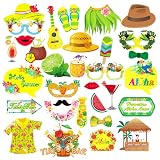 Veewon 33pcs Hawaiian Photo Booth Props Luau Photobooth Prop for Tropical Decor Hawaiian Tiki Holida