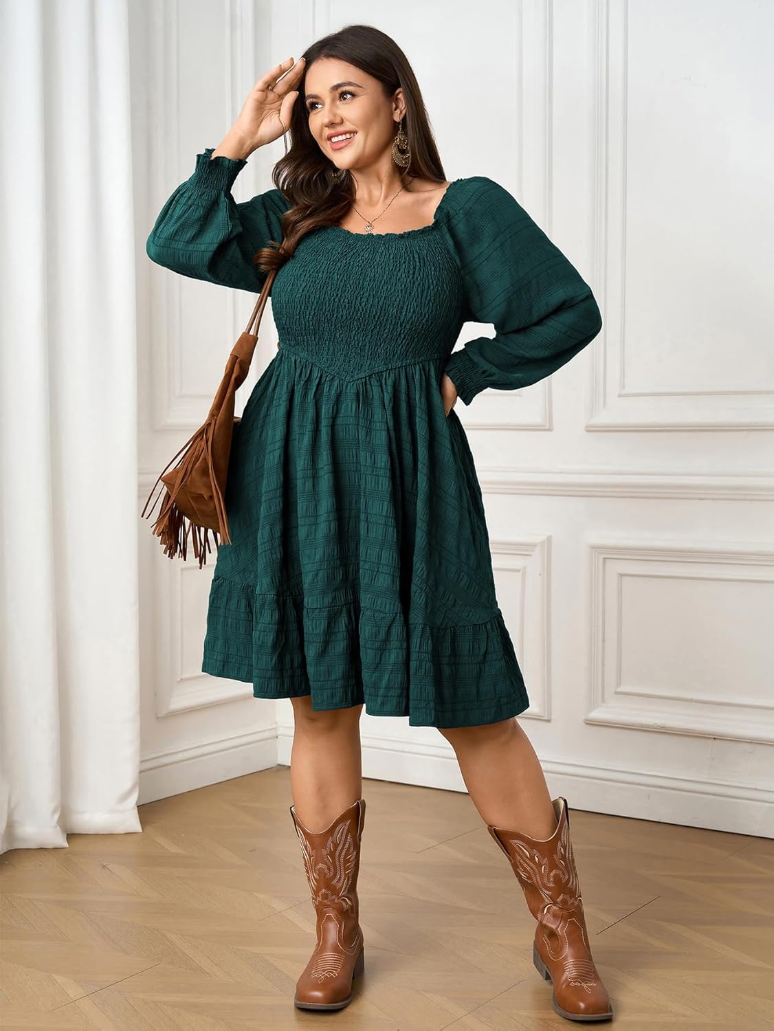 Womens Plus Size Dress Fall Casual Puff Long Sleeve Square Neck Empire Waist Tiered A-line Mini Short Dress - Image 6