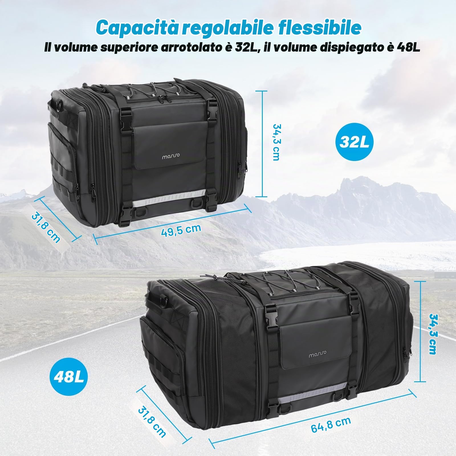 MOSISO Viaggio in Moto Bagagli Borsa Portapacchi Conespandibile da 32L-48L, | Borsa Portaoggetti Moto con Sedile Posteriore con Rain Cover&Shoulder Strap Motorbike Storage Duffle Carry, Nero