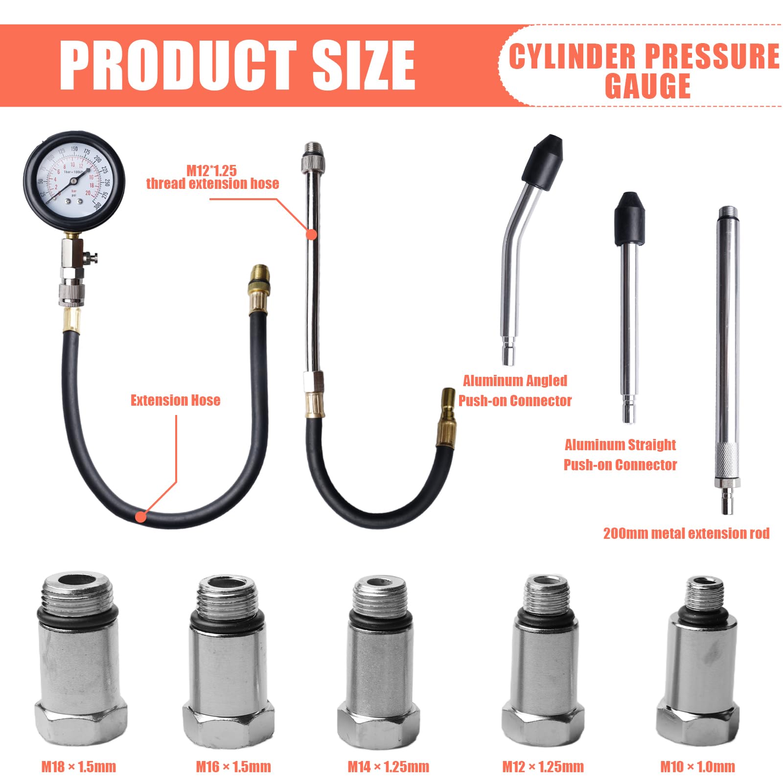 Zestaw 13 testerów kompresji, samochodowy tester kompresji do silnika benzynowego, 0-300 psi/0-20 bar, miernik ciśnienia w cylindrze z testerem świec zapłonowych
