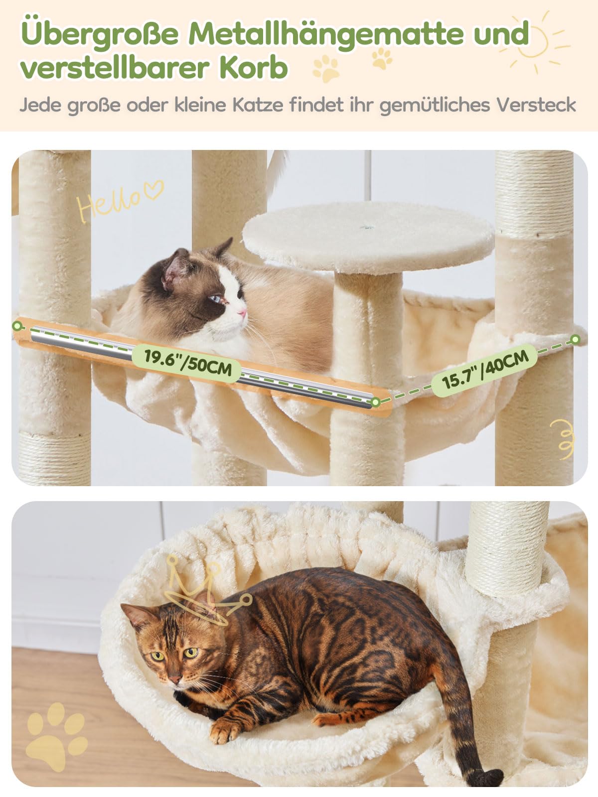 Taoqimiao 193cm Kratzbaum XXL, Großer Katzenbaum Für Große Katzen, MS047M | 3 Große Plattform, Katzenkratztafel, Mehrstöckig, Einfache Montage, 2 Katzenhaus, 7 Kratzsäulen, Hängematte, Korb, Beige