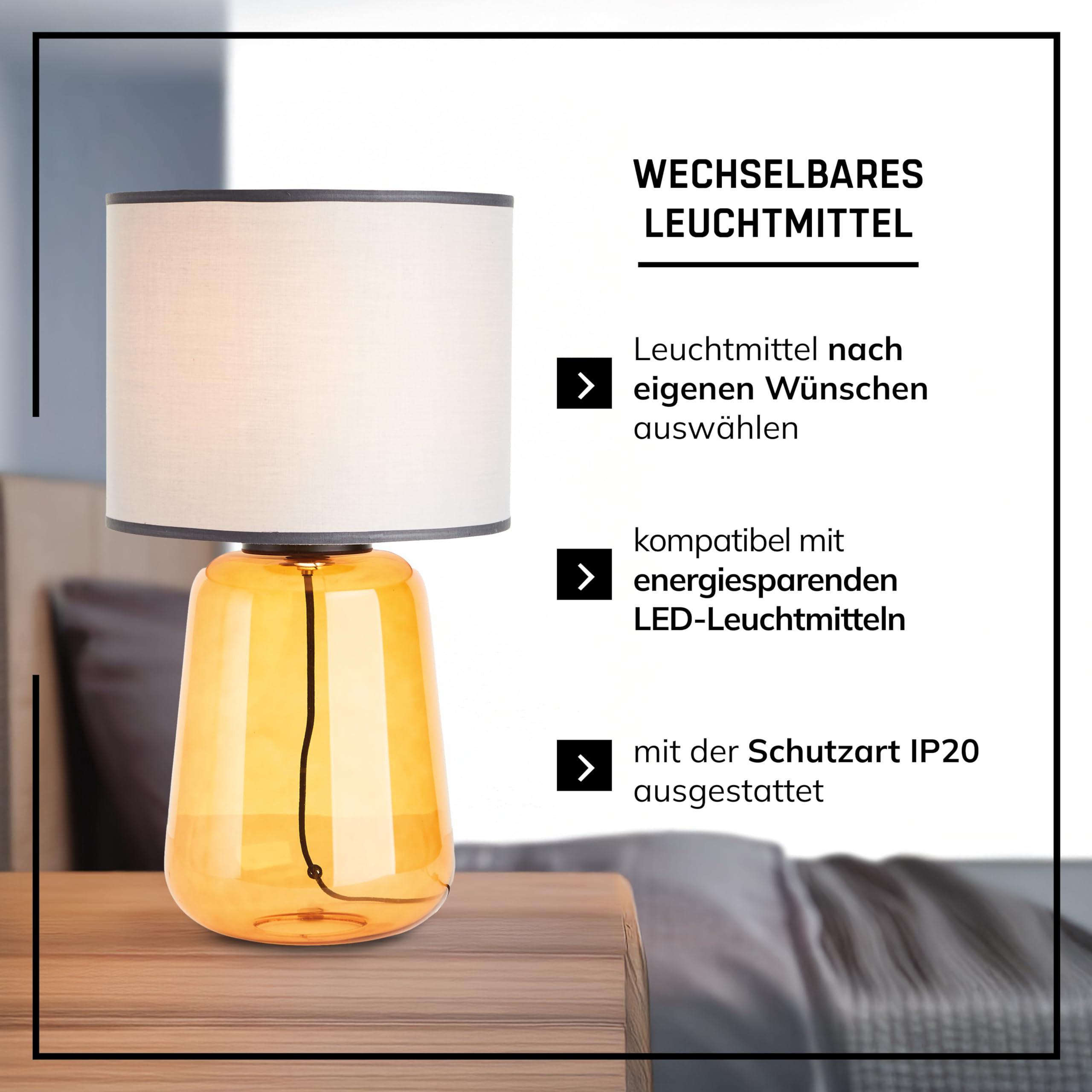 Lightbox Tischlampe - Tischleuchte mit Stoffschirm - Lampe für Wohnzimmer, Schlafzimmer & Fensterbank - exkl. E27 LED