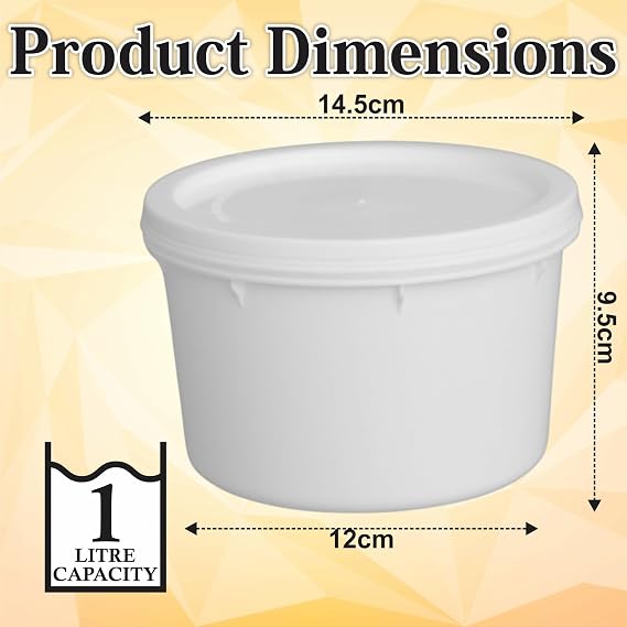 JMS we create smile 6 Pack x 1 Litre White Round Food Storage Tubs with Lids | Plastic Containers for Rice, Ice Cream, Pasta, Meal Prep, Leftovers, Freezer Storage & Everyday Kitchen Essentials