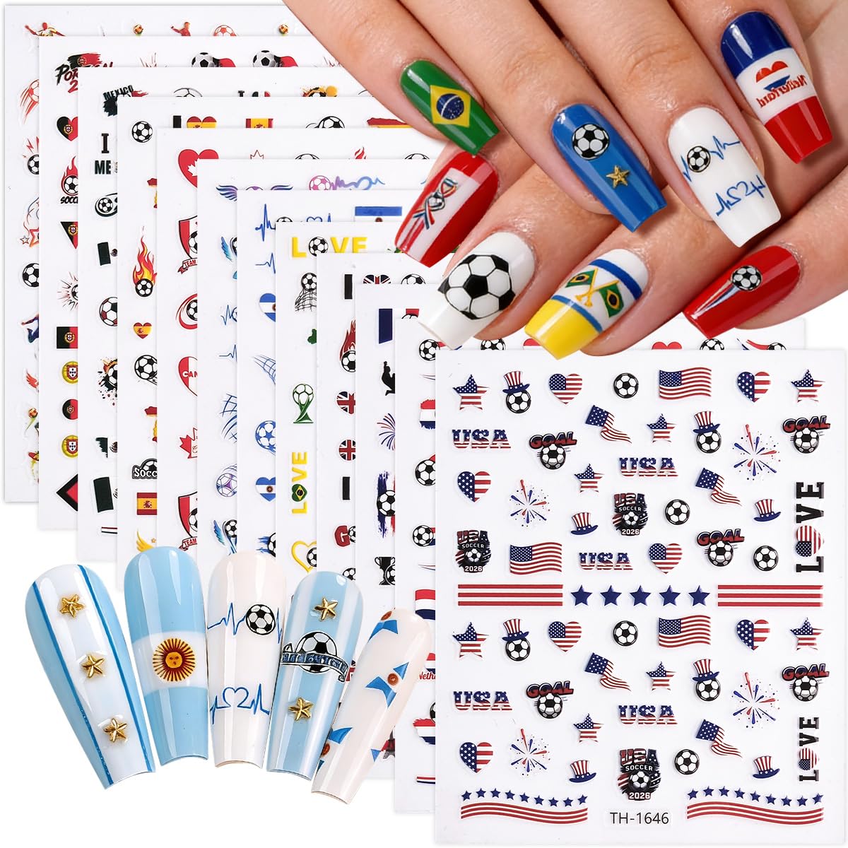 Photo 1 of 12 Sheets Soccer Nail Stickers, Self-Adhesive Soccer Ball & National Flag Nail Art Decals, Sports Theme Nail Decorations for Fans, DIY Manicure Stickers for Women & Girls