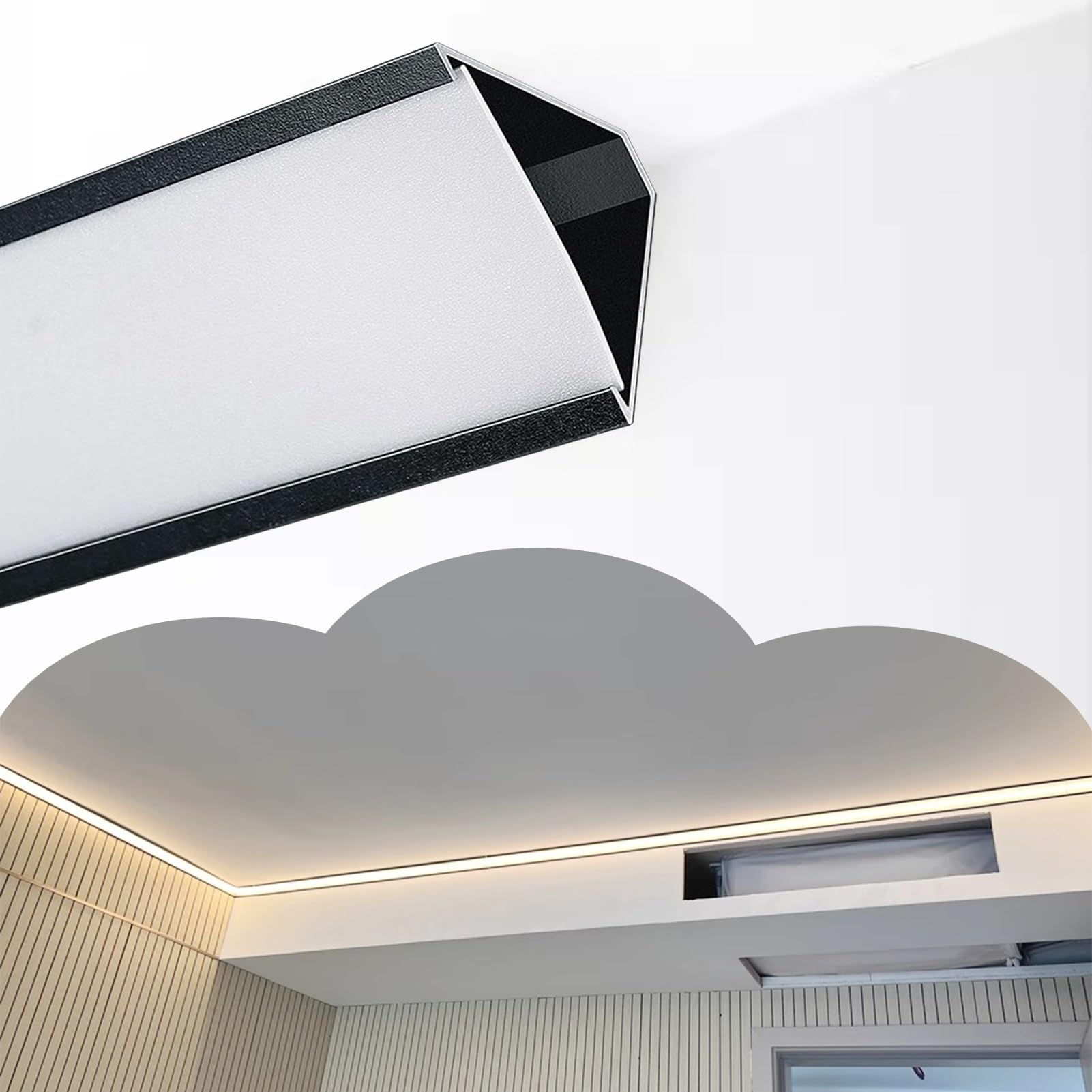 Sufitowa listwa sufitowa LED do montażu powierzchniowego, pośrednie oświetlenie dyfuzor z akrylową osłoną, aluminiowa szyna liniowa Spotless do krawędzi ściany (czarny, 2 m (6,5 stopy))