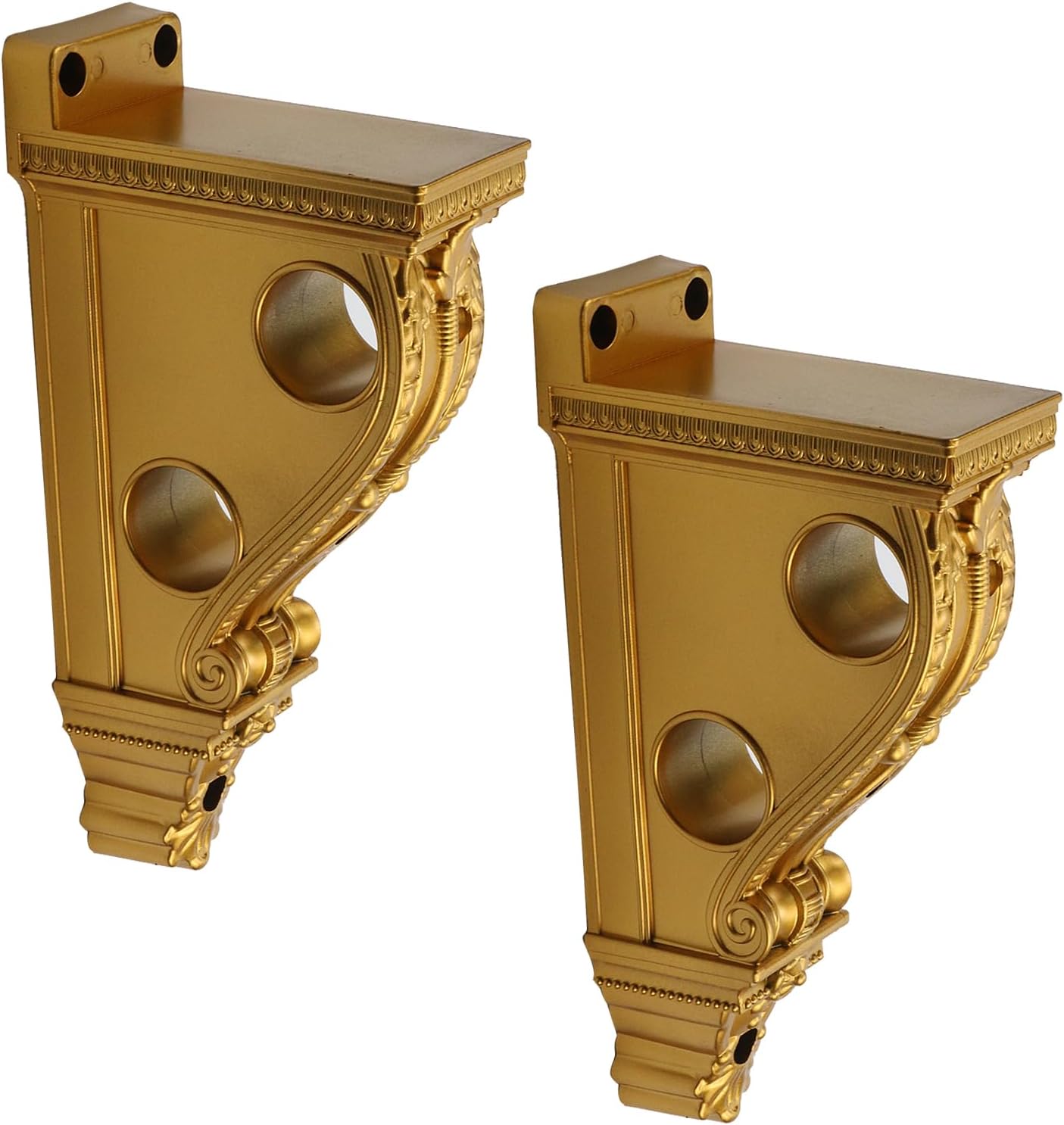 2pcs Gold Curtain Rod Brackets with Double Holes, Plastic, Wall Mount, 1-4/7 Inch Diameter, 11 Inch Span, Luxury Design for Window Decoration