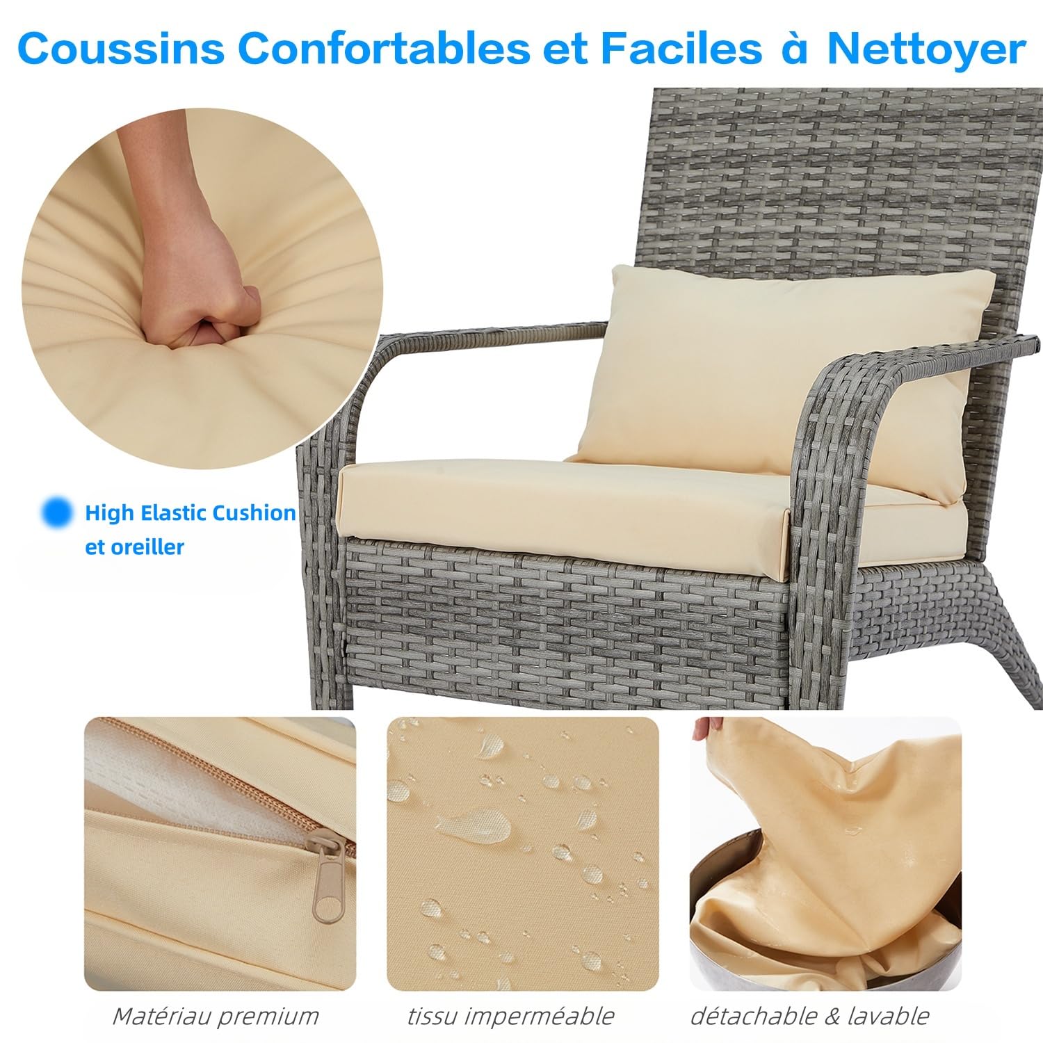 YODOLLA Ensemble de 2 Fauteuils de Jardin Exterieur Adirondack en PE Rotin - Chaises de Jardin Confortables avec Coussins Détachables - Mobilier d'Extérieur pour Terrasse, Balcon et Piscine - Gris