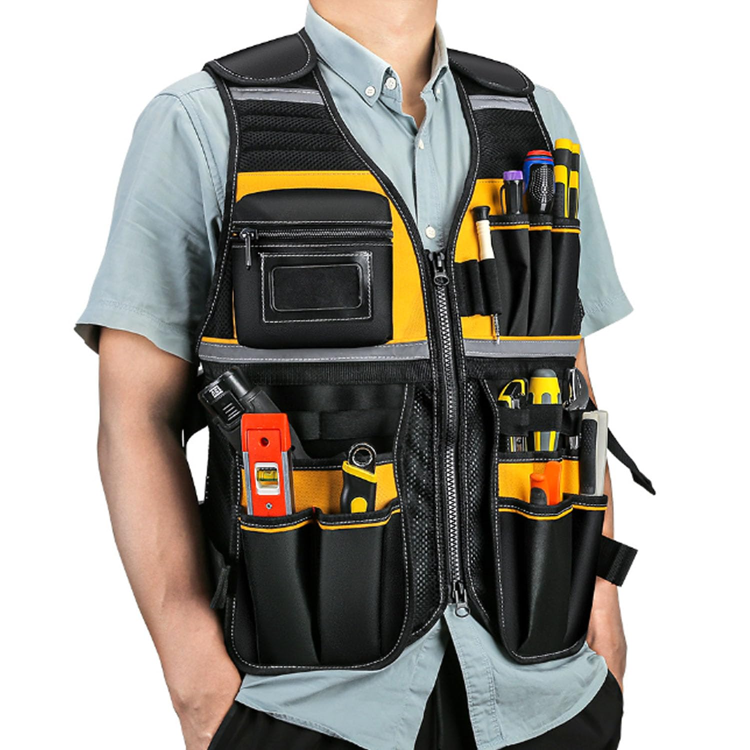Herramienta Chaleco Traje de Trabajo Chaqueta Correa Pesca Chaleco Reflectante Ajustable con Porta Martillo Extraíble para Electricista Carpintero Construcción