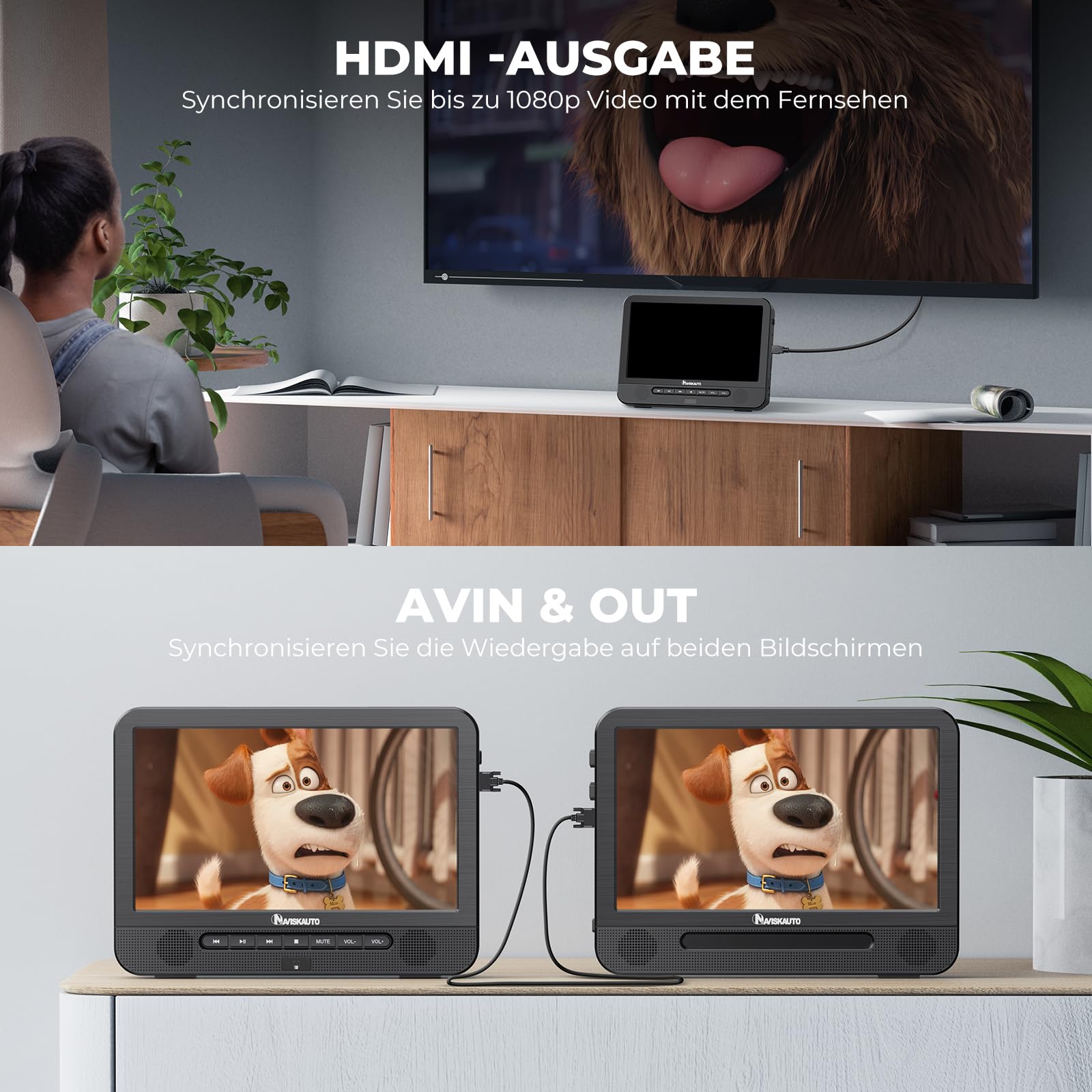 NAVISKAUTO Blu Ray DVD Player Auto 2 Bildschirme 10,1" Mit 4 Stunden Akku, tragbarer Bluray DVD Player 2 Monitore Kopfstütze HDMI Ausgang USB SD
