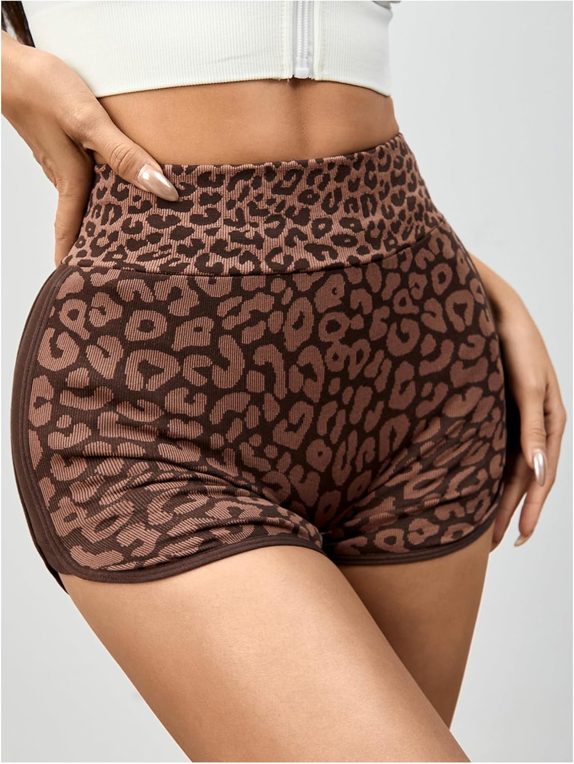 SHENHE Women's Leopard Workout Shorts High Waisted Tummy Control Gym Booty Shorts Coffee Brown Small - Image 4