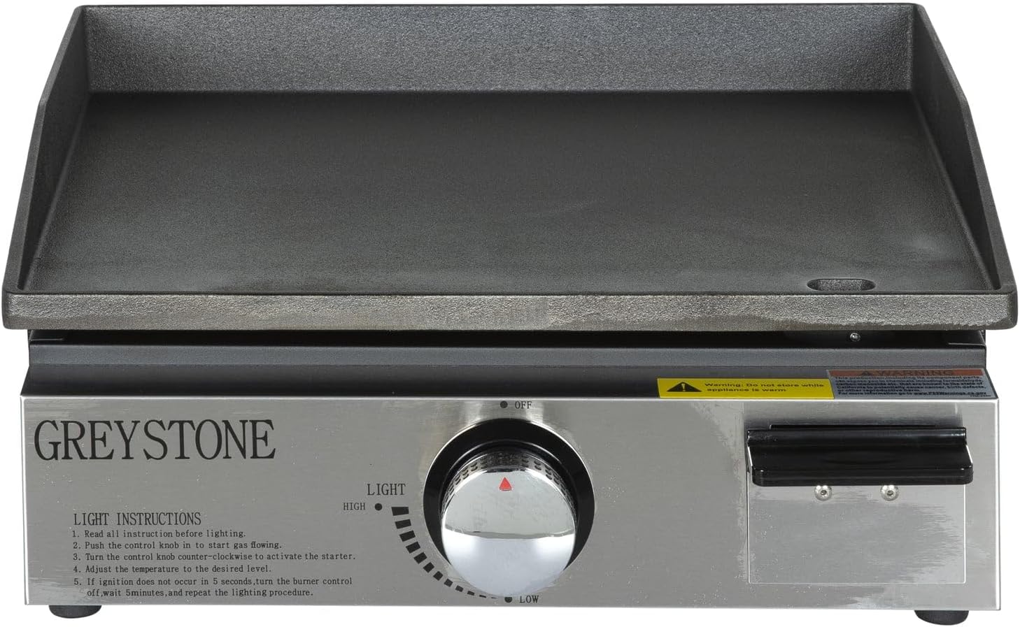 Front view of the griddle with control knob and lighting instructions