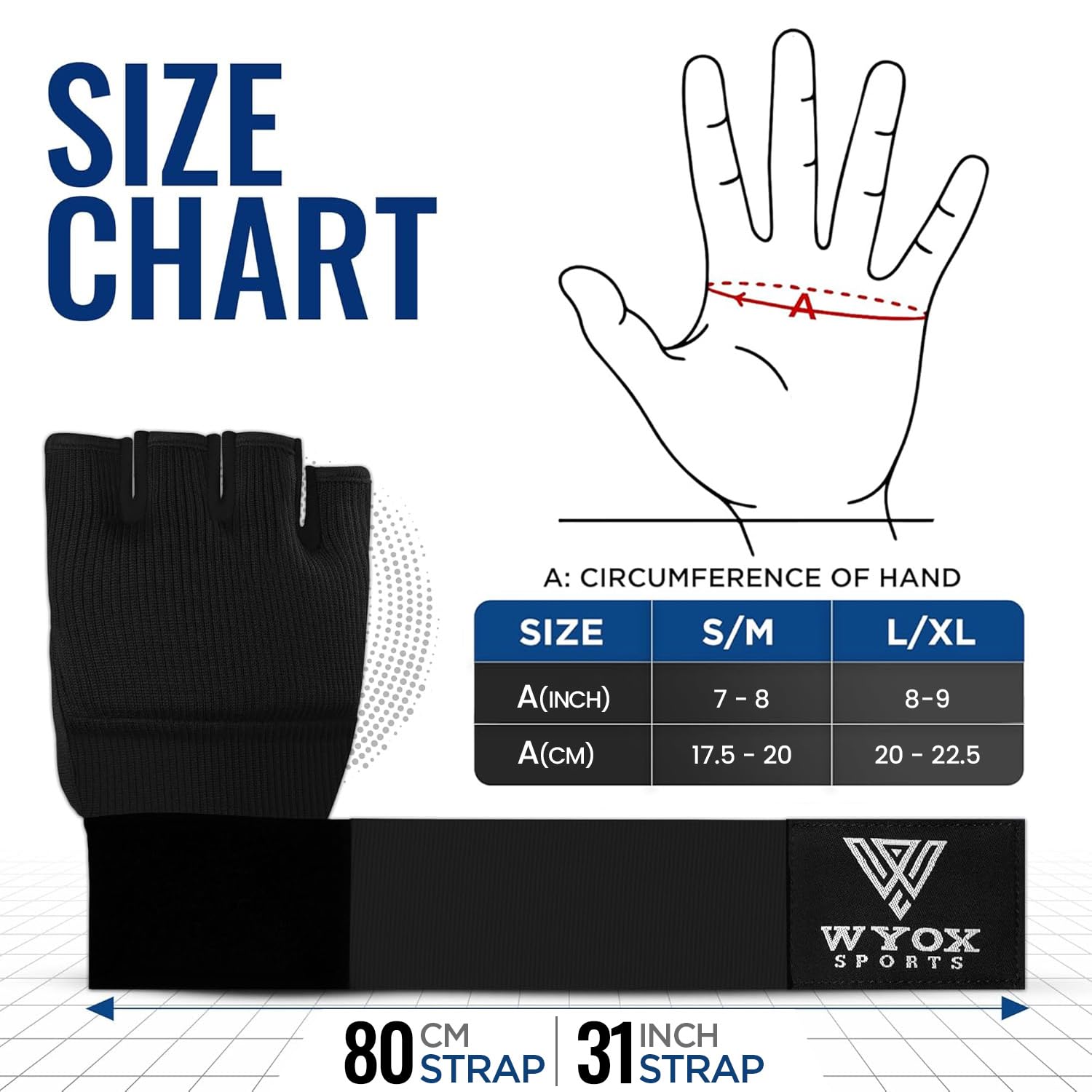 Wyox boxe guanti interni con imbottitura in gel mano Wraps Fist bende MMA Thai Muay training, Black
