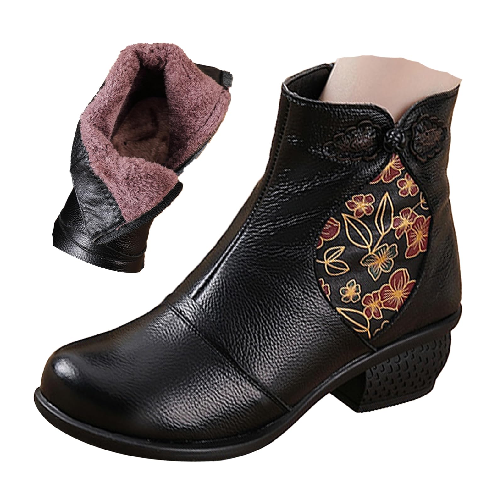 Womens Leather Dress Ankle Boots Vintage Print Comfort Chunky Block Waterproof Non-slip Side Zip Casual Short Booties