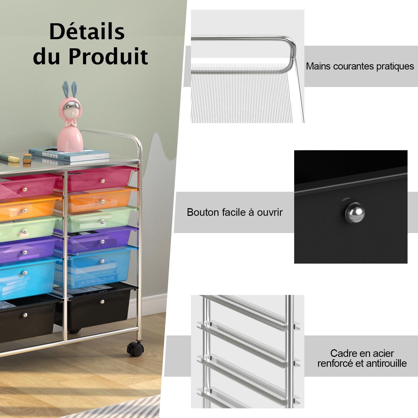 Giantex Chariot de Rangement à roulettes 12 Tiroirs Amovibles, Tour de Rangement Mobile Utilitaire à Plateau & Poignées, Desserte à roulettes pour Salon Bureau Chambre, 64x38x75CM (Multi-Transparent)