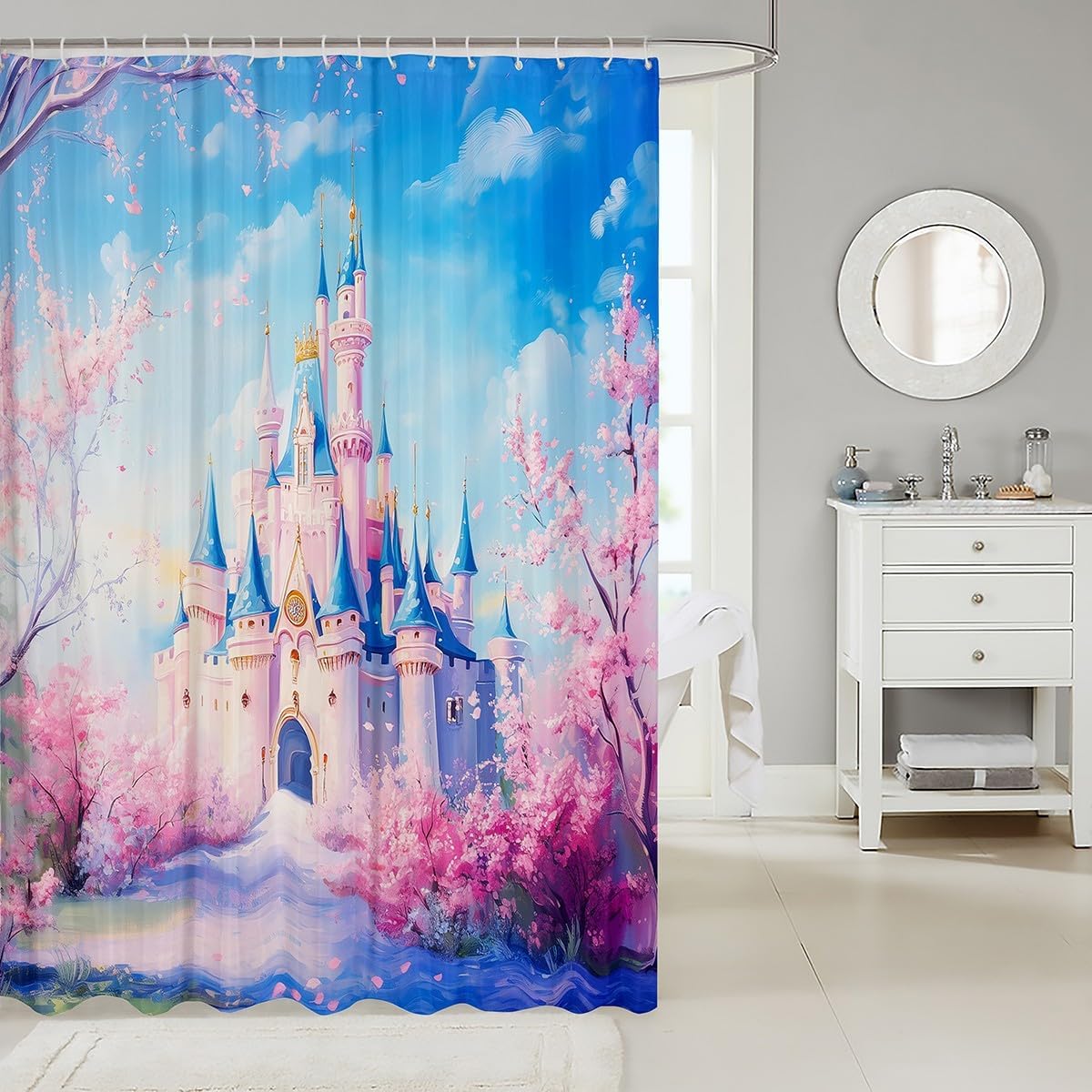Castle Kids Shower Curtains,Princess Flower Floral Bathroom Curtain,Romantic Dreamy Fantasy Home Decor,Blue Pink Waterproof Curtains,12 Hooks Suits,72" W x 78" L