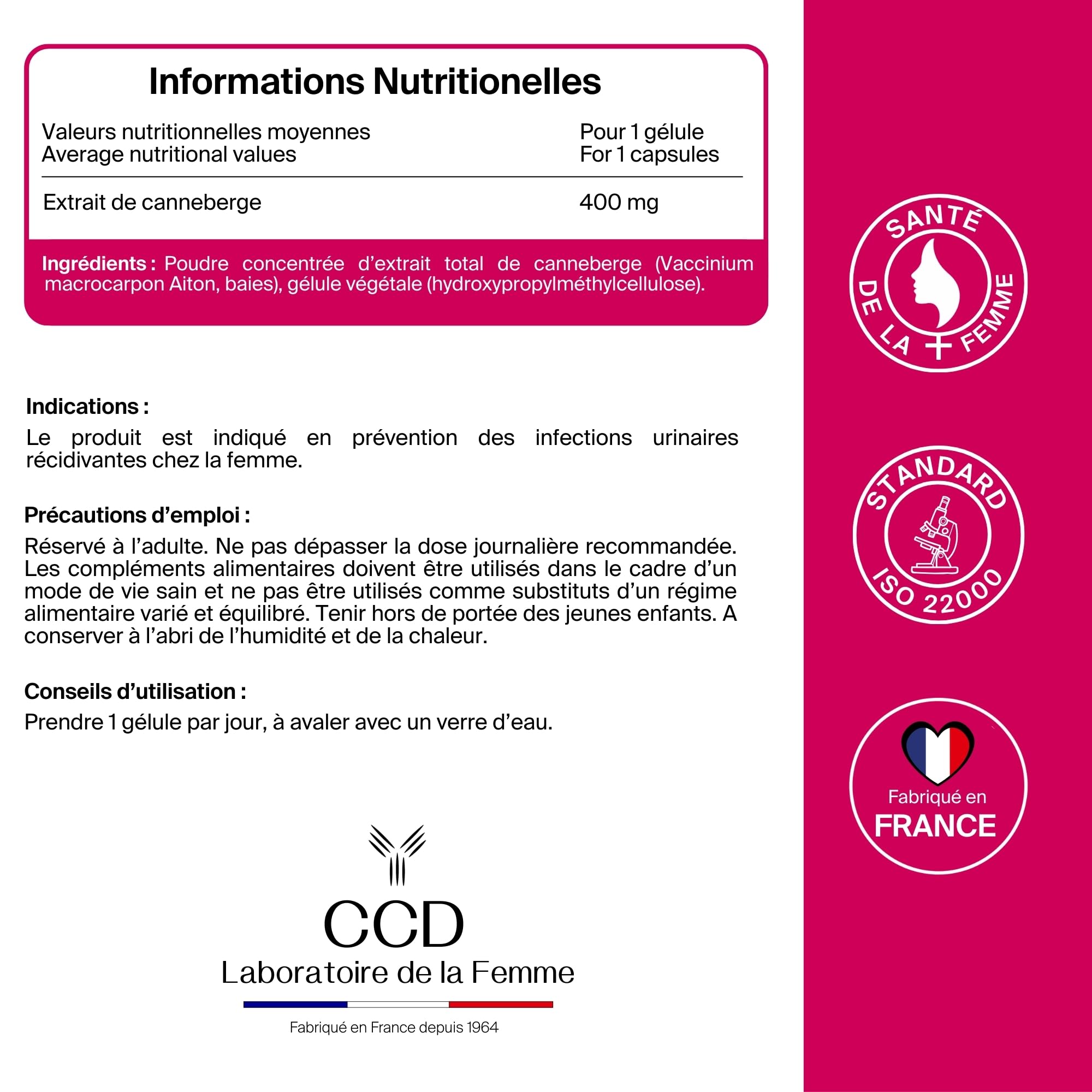 Gyndelta 36 mg Canneberge | Sphère urinaire féminine | Extrait total de cranberry dosé en PACs | 90 gélules végétales | Cure de 3 mois | Sans OGM | Fabriqué en France | Laboratoire CCD