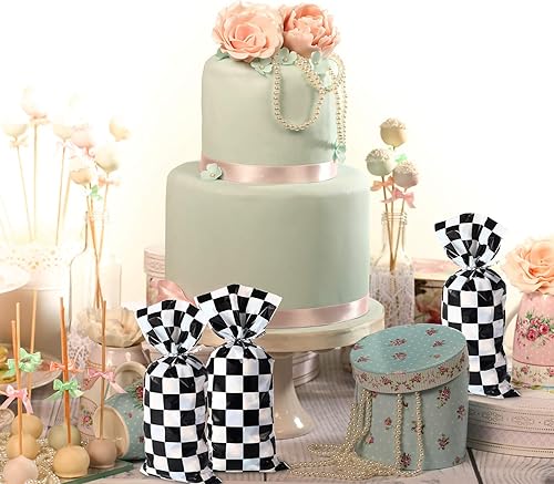 Miniatura 5 de 100 bolsas de celofán para caramelos, color negro y blanco, a cuadros, bolsas de plástico para regalo de carreras, bolsas de almacenamiento de