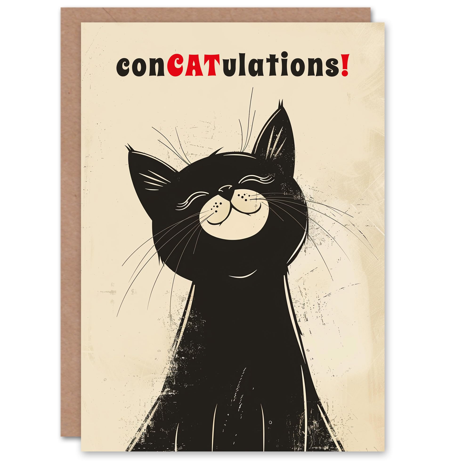 Artery8 Congratulations Card Smiling Black Kitty Retro Cartoon Cat Lover Pun Blank Arty Art All Occasion Greeting Card