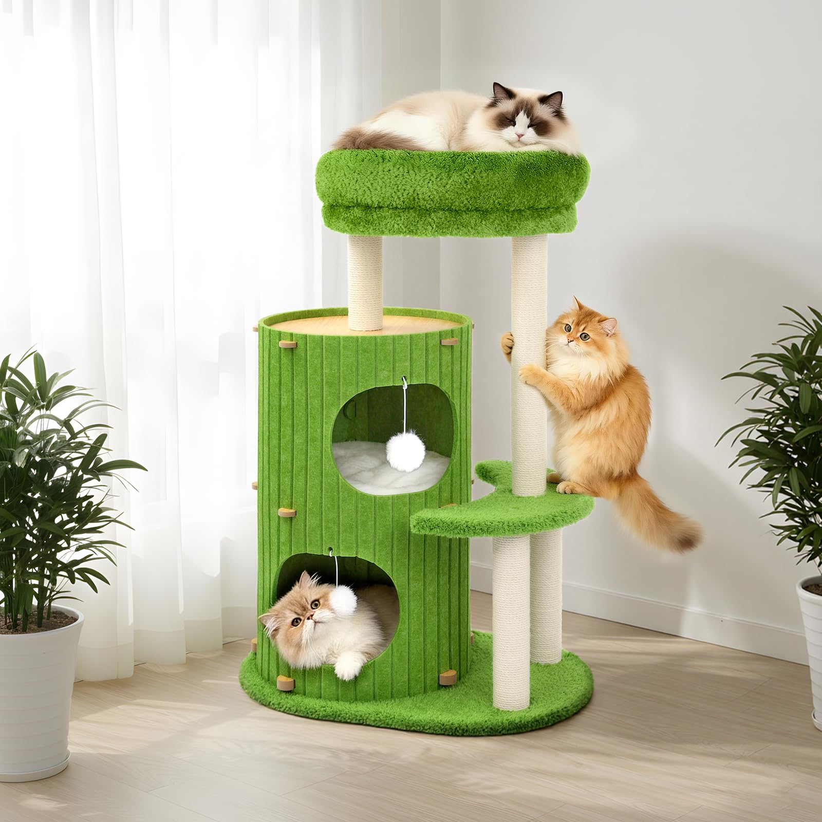 Luxus kratztonne für Katzen - Katzenbaum mit Katzenschlafhaus, Sisalbrett,abnehmbarem Bett & Spielball | Stabiles Katzenmöbel für Mehrkatzenhaushalte | Kletterbaum Aktivitätsbaum