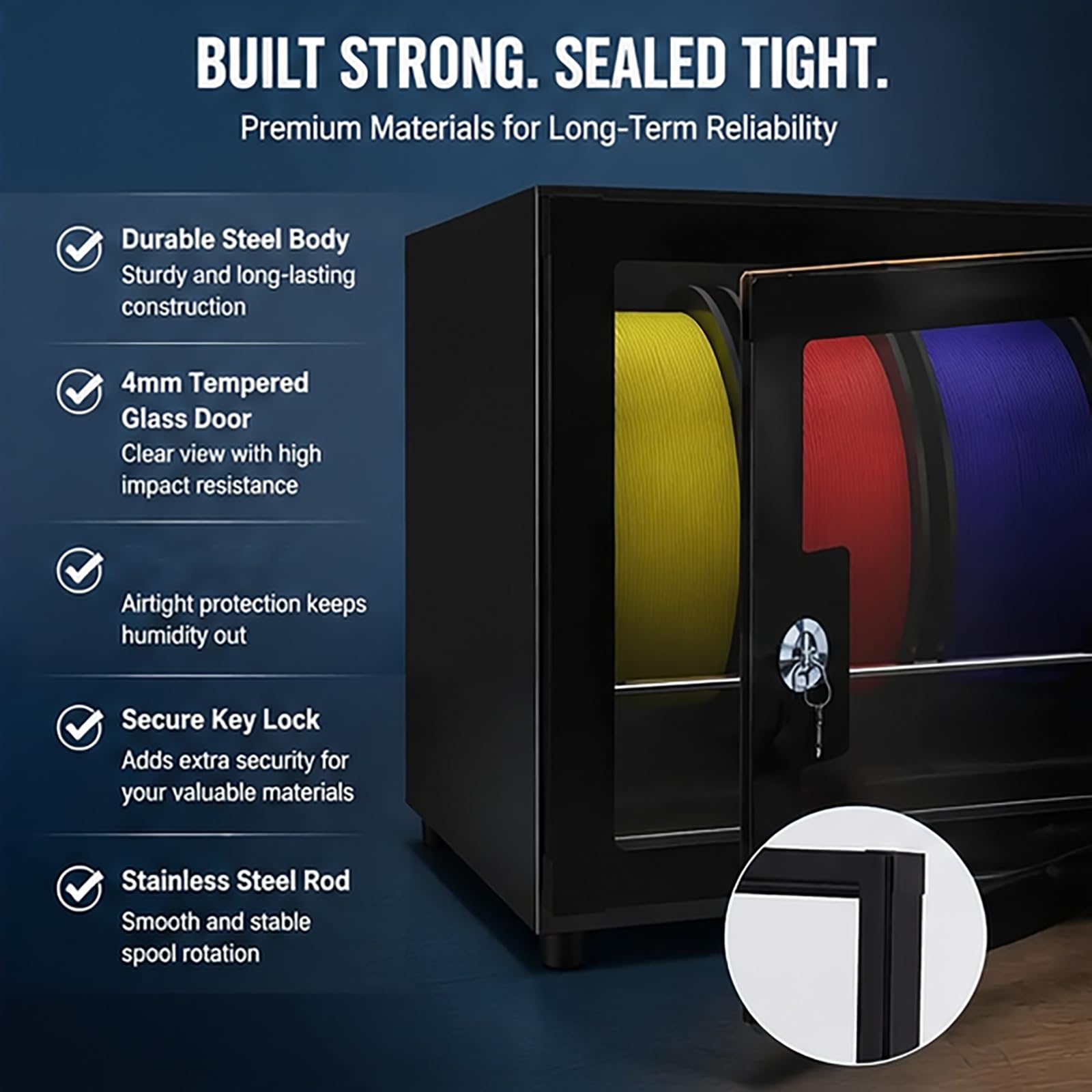 Control de gabinete deshumidificador de filamentos para impresora 3D con humedad y bloqueo seguro, caja de almacenamiento de filamentos de 25L, capacidad para 5 rollos para PLA/ABS/PETG