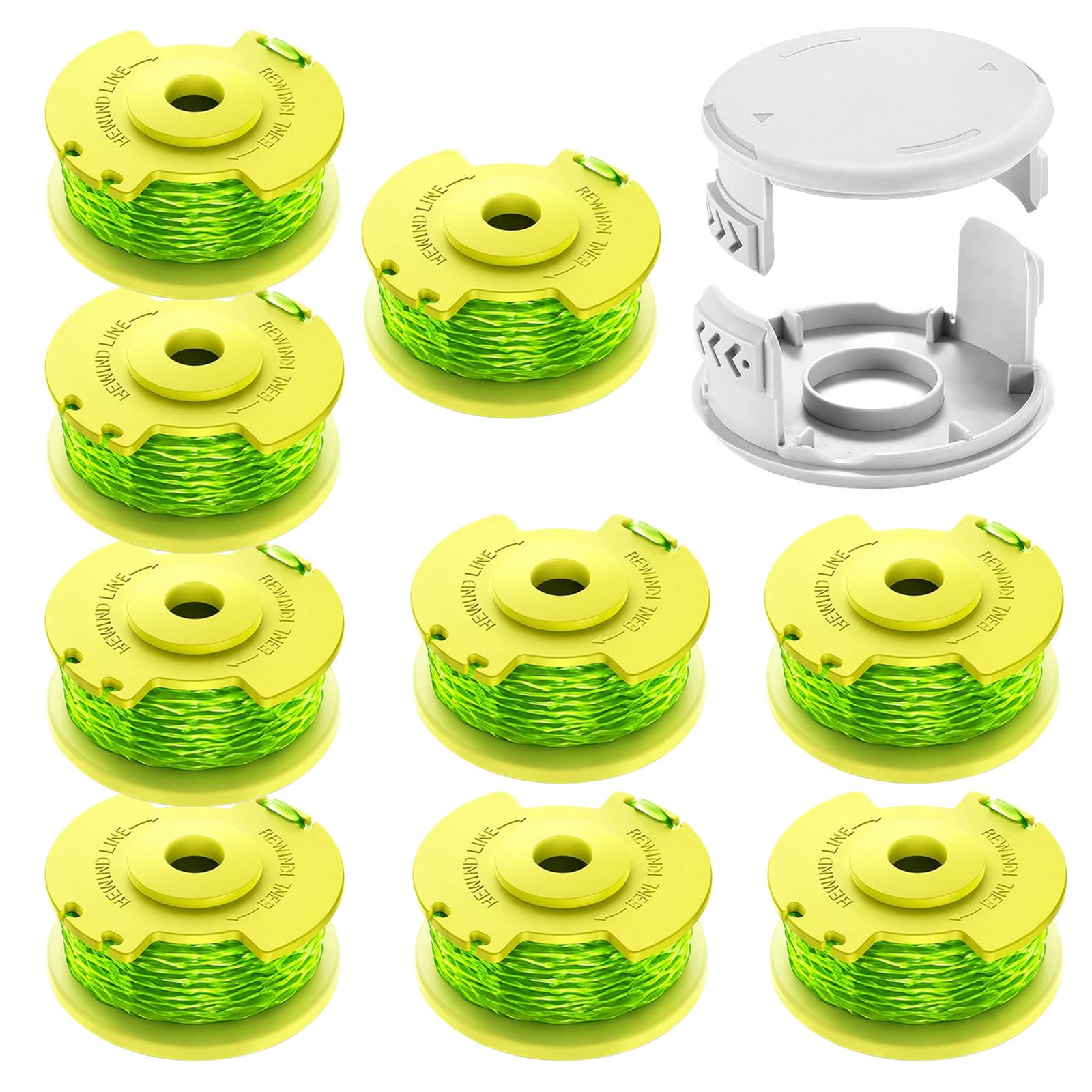 9Pcs Strimmer Replacement Spool, Flexible High Tensile Nylon 0.08 Compatible Strimmer Wire with 18V24V40V, for DIY Residential Lawn Care, with 9 Autofeed Lines and 2 Protective Caps