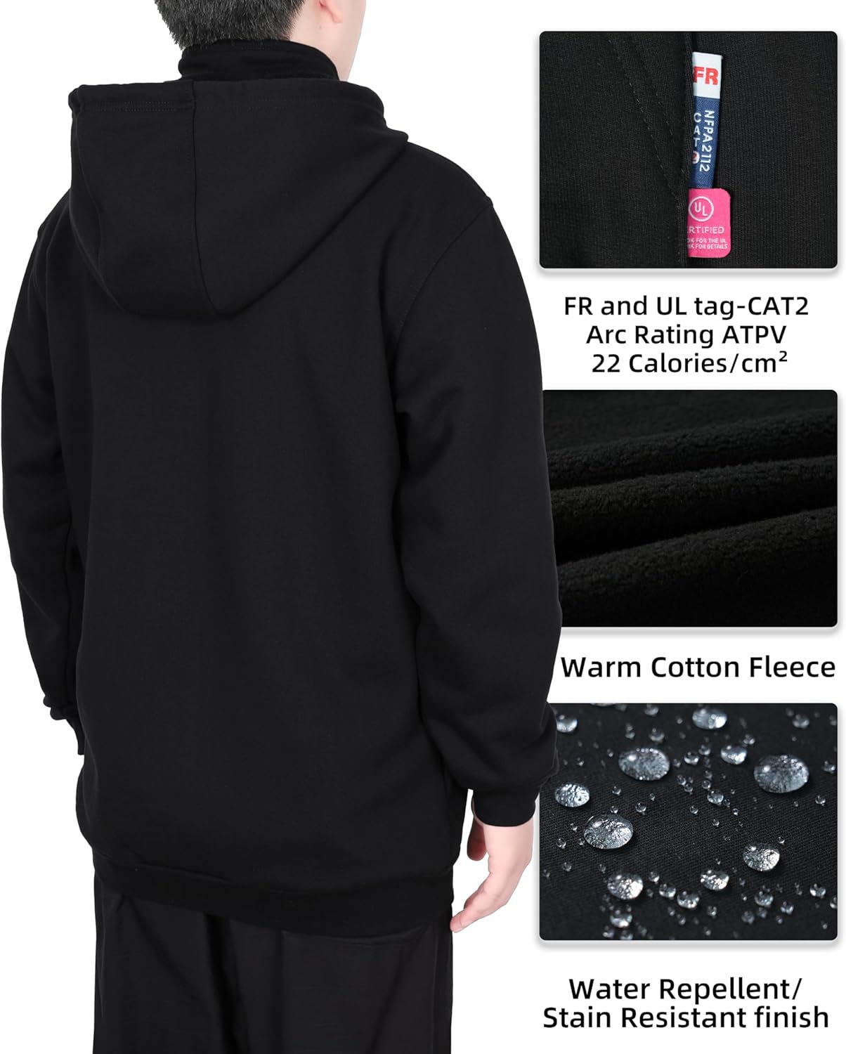 BOCOMAL FR Men's Hoodies Zipper Mock-Neck 14oz Heavyweight Fleece Fire Resistant Hooded Sweatshirts-NFPA2112 CAT2 - Image 5