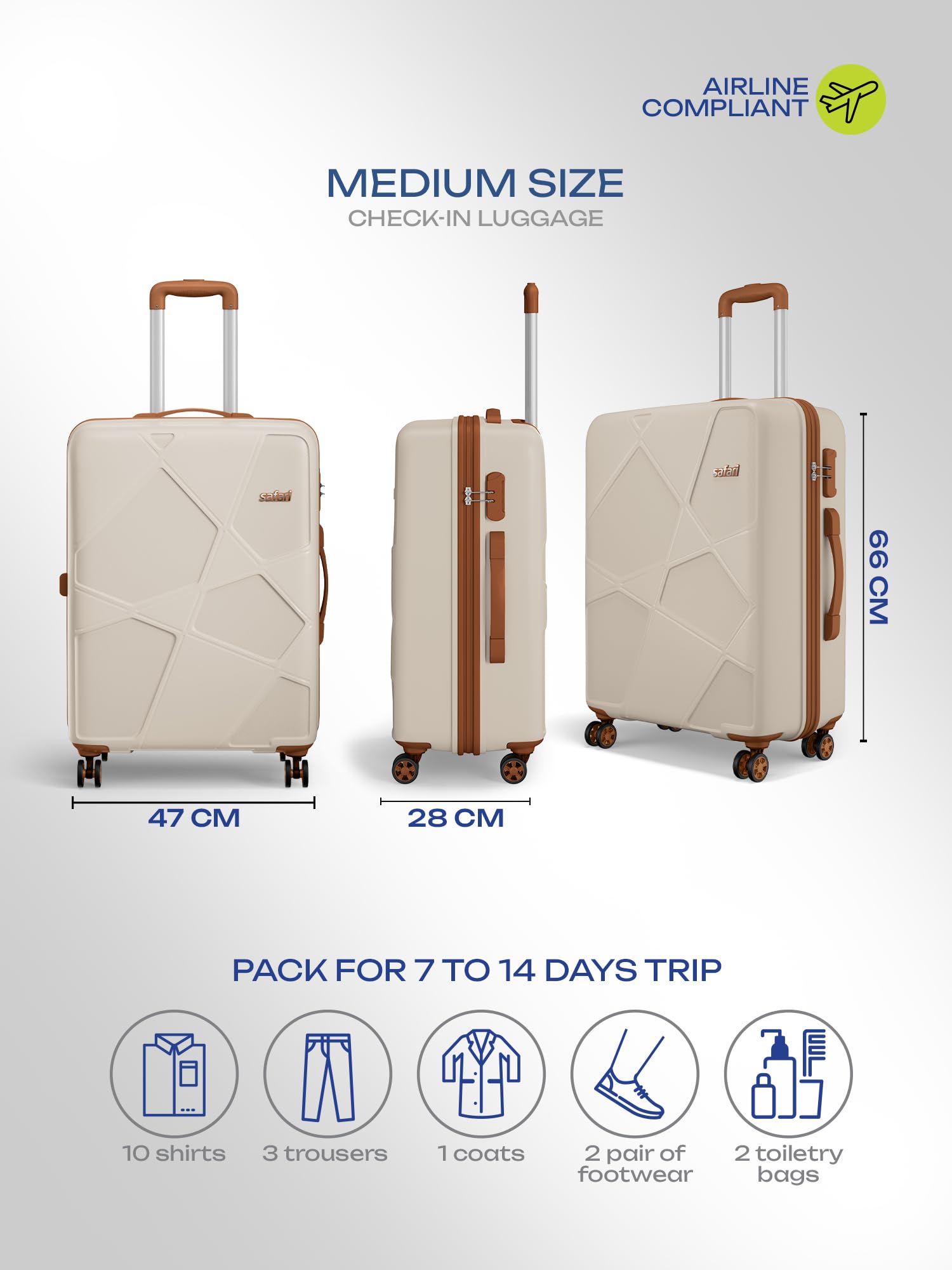 Safari Pentagon Pro 8 Wheels 66cm Medium Size Trolley Bag, Hard Case Polypropylene, 360º Wheeling Check in Luggage, Suitcase for Travel, Trolley Bags for Travel, Luxury Beige — Amazon image 6