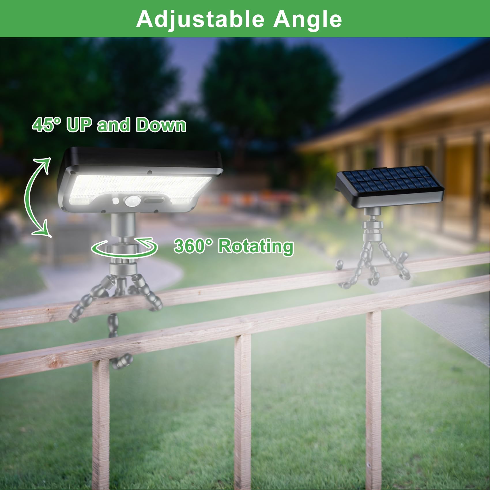 Tryme Luci solari a 92 LED per esterni con sensore di movimento, supporto per polpo, angolo regolabile, USB e alimentazione solare, lente diffusore ottico, 3 modalità, luci impermeabili IP65, per