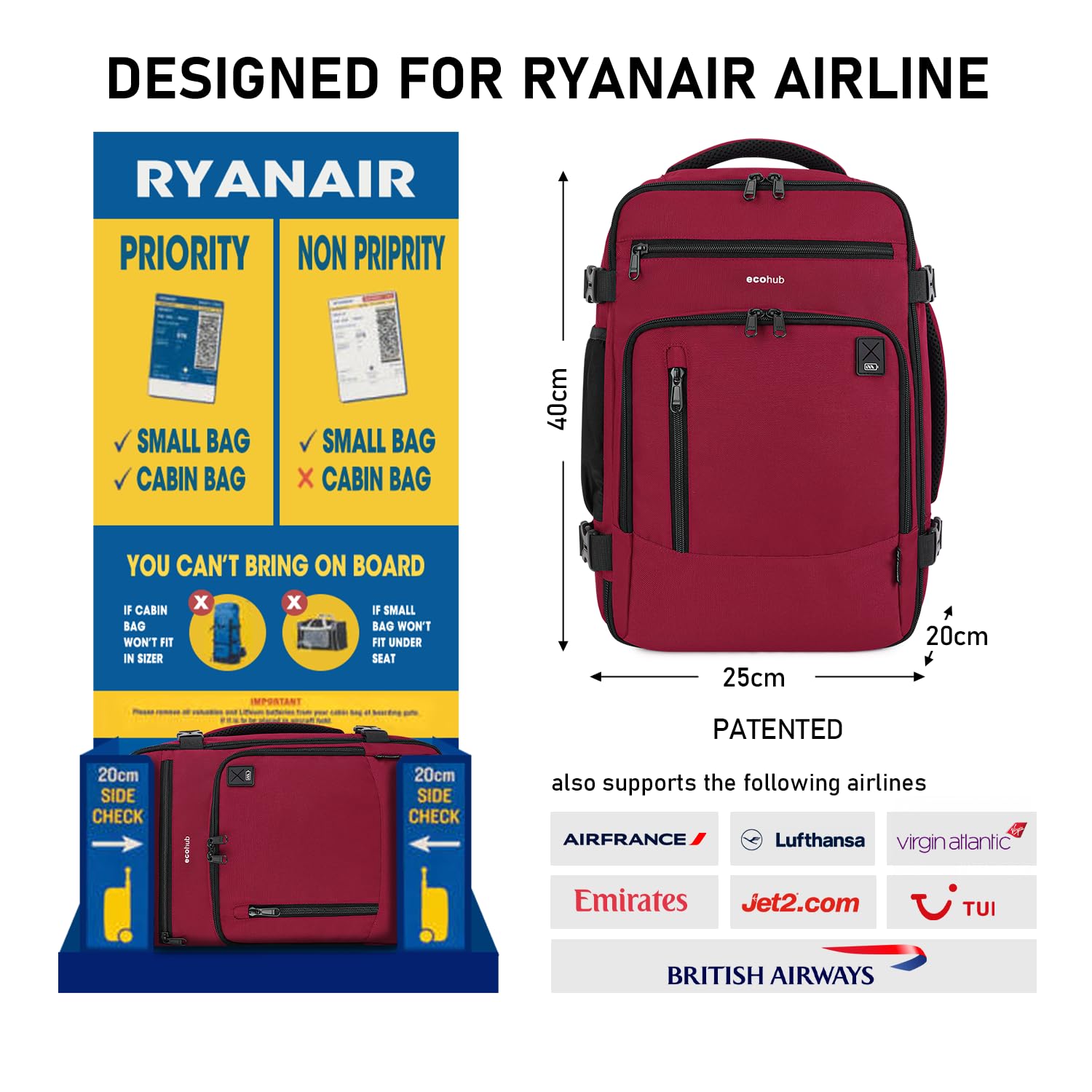 ECOHUB Zaino Ryanair 40x20x25 Bagaglio a Mano 40x20x25 Ryanair Zaino da Viaggio Valigia Bagaglio a Mano Borsa da Viaggio Borsa tote ecologica in PET riciclato da 20 litri,Brevettato.(Rosso)