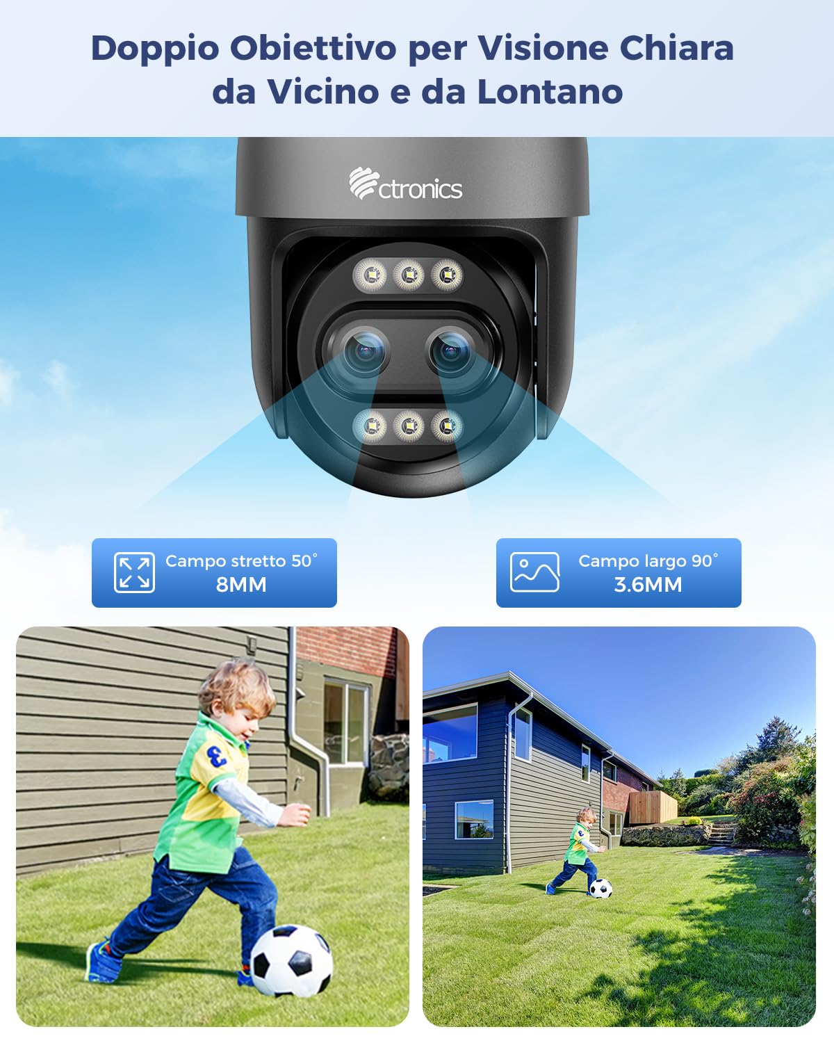 Ctronics 10X Zoom Ibrido 4K Telecamera Wi-Fi Esterno Metallo,Auto Track | Doppio Obiettivo, Rilevamento Persone/Veicoli/Ani, 2,4/5GHz WiFi, 256GB TF/Cloud/PC, Visione Notturna Colori, IP66 (Grey)