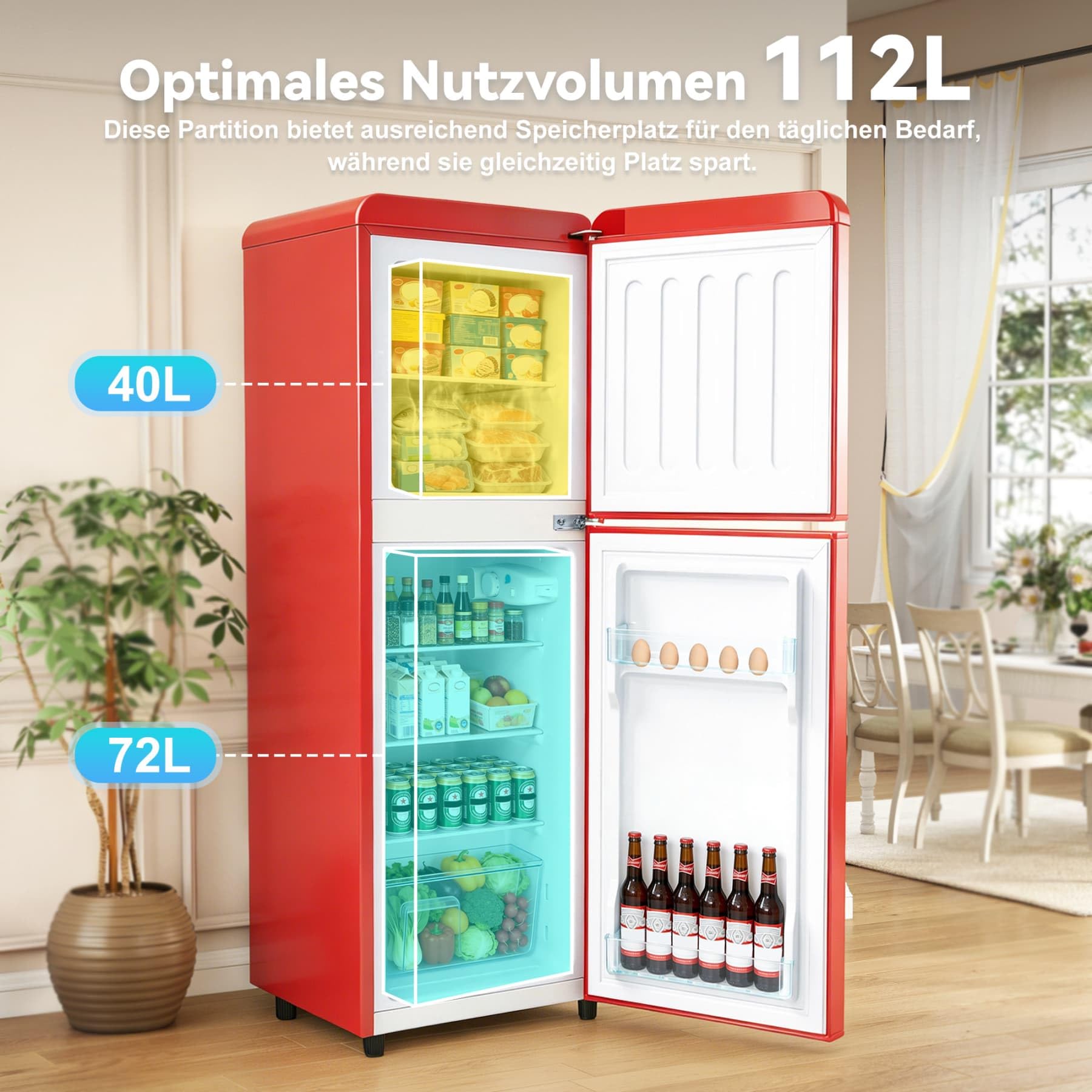 YEHTOKHOME - Refrigerador de 2 puertas, nevera pequeña, 7 niveles de ajuste de temperatura, iluminación LED, estantes ajustables, clase energética E, para cocina, salón y oficina (rojo, 112 L)