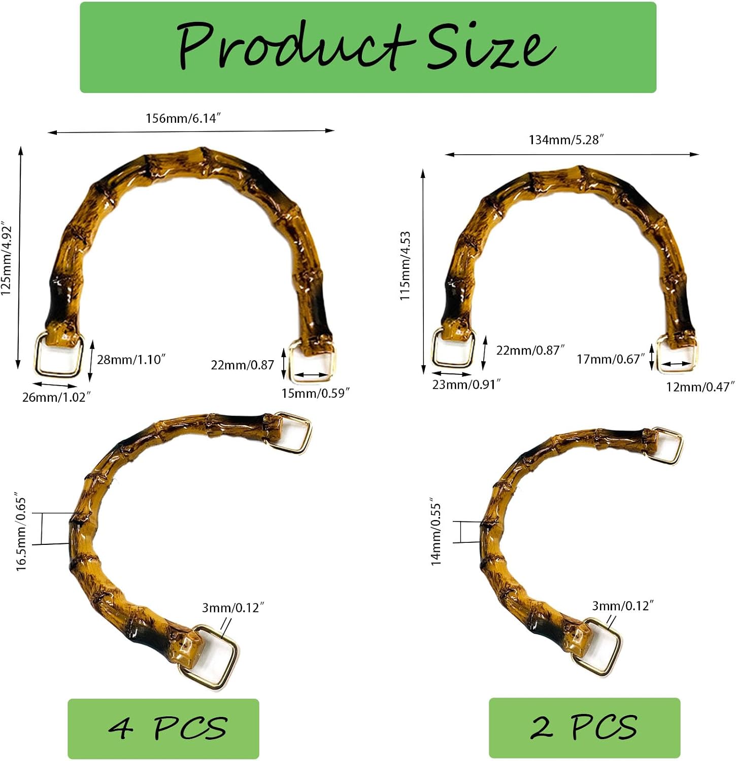 6 Pcs Imitation Bamboo Bag Handles, Replacement Resin Purse Handbag Handles, 2 Sizes U-Shape Handbag Handle Replacement Accessories with Gold Buckle for Clutch Purse, DIY Bags, Straw Woven Rattan Bag