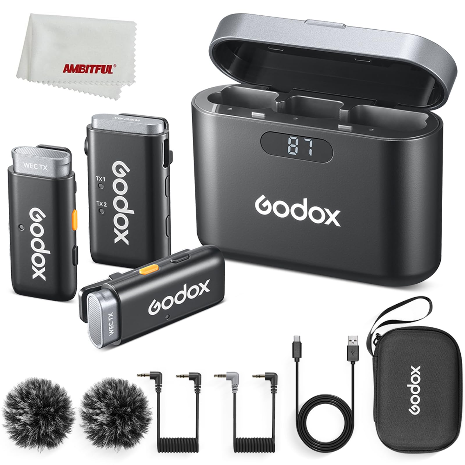 GODOX bezprzewodowy system mikrofonowy 2,4 GHz WEC Kit2, One-Click Oisecancellation, wyjątkowa jakość dźwięku, cyfrowy wyświetlacz baterii, zasięg do 200 m,