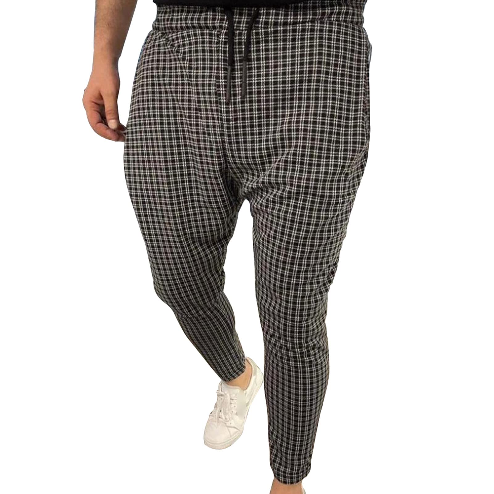 Mens Plaid Athletic Jogger Pants Elastic Waist Houndstooth Running Sweatpants Casual Slim Hip Hop Activewear