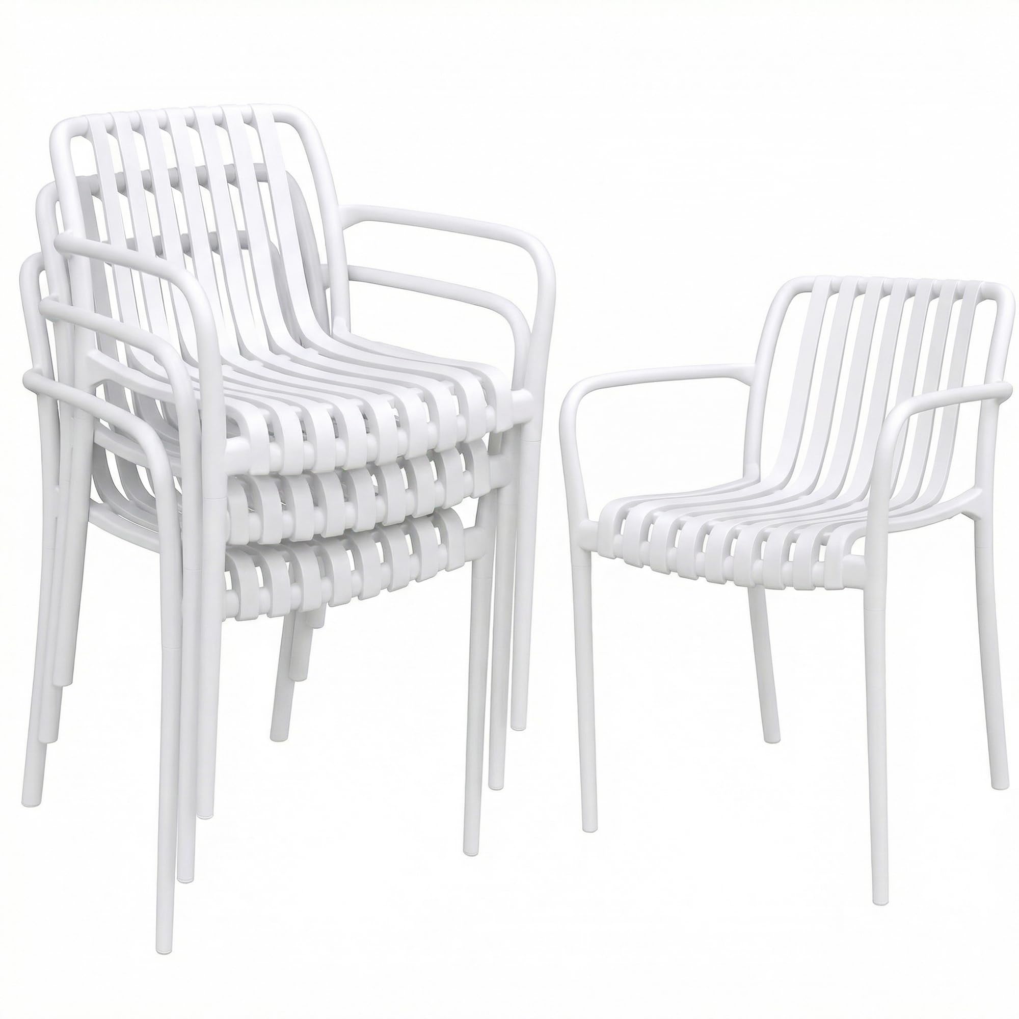Outsunny Juego de 4 Sillas de Jardín Exterior Apilables, Sillas Terraza Exterior de PP con Respaldo Curvado, Asiento de Listones, Reposabrazos, 55x58,5x81,5 cm, Blanco