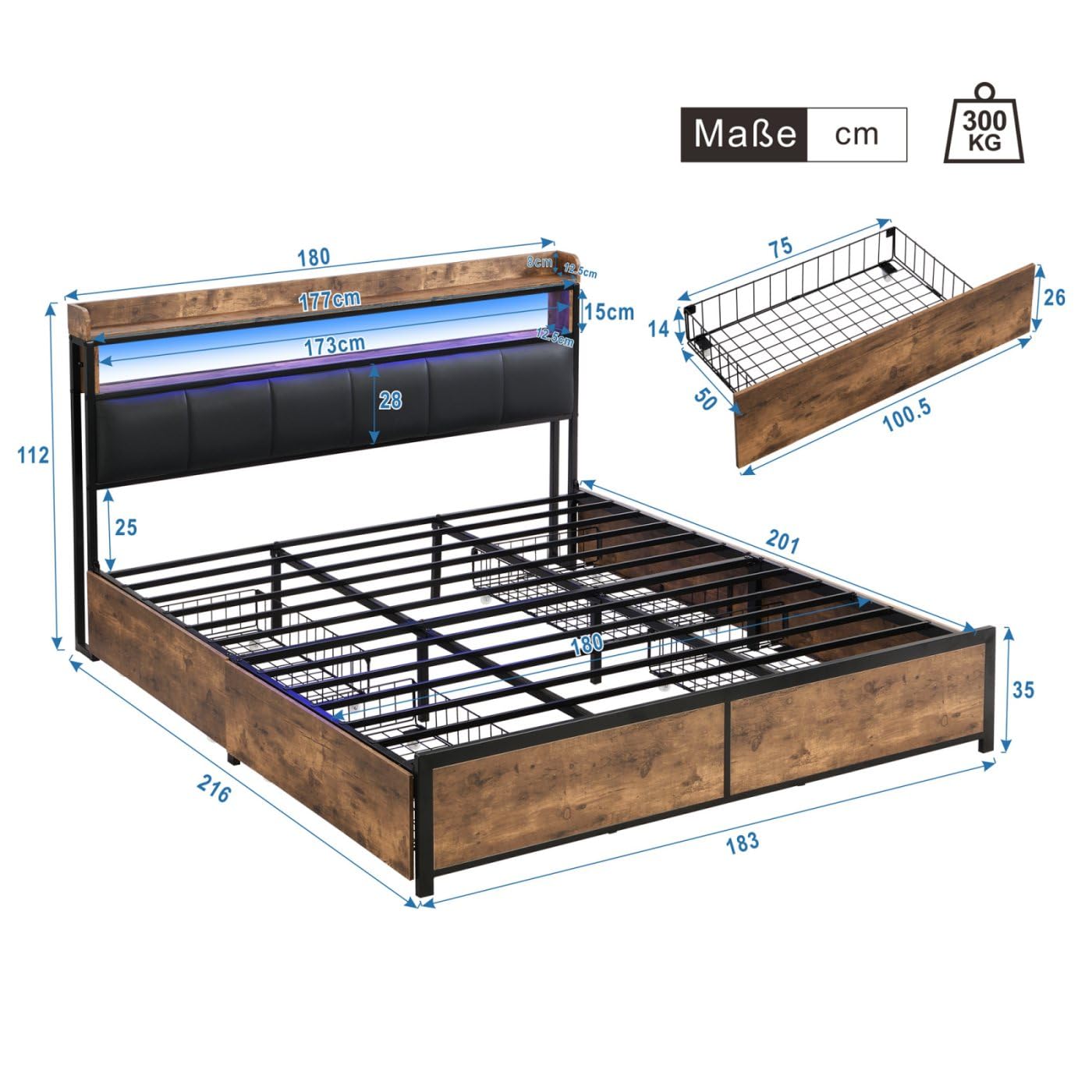Letto Matrimoniale 180x200 Cm Con Contenitore Idraulico E Rete A Doghe - Cassapanche Laterali, Luci LED, Porte USB E Ricarica Wireless - Tappezzato, Moderno - 3