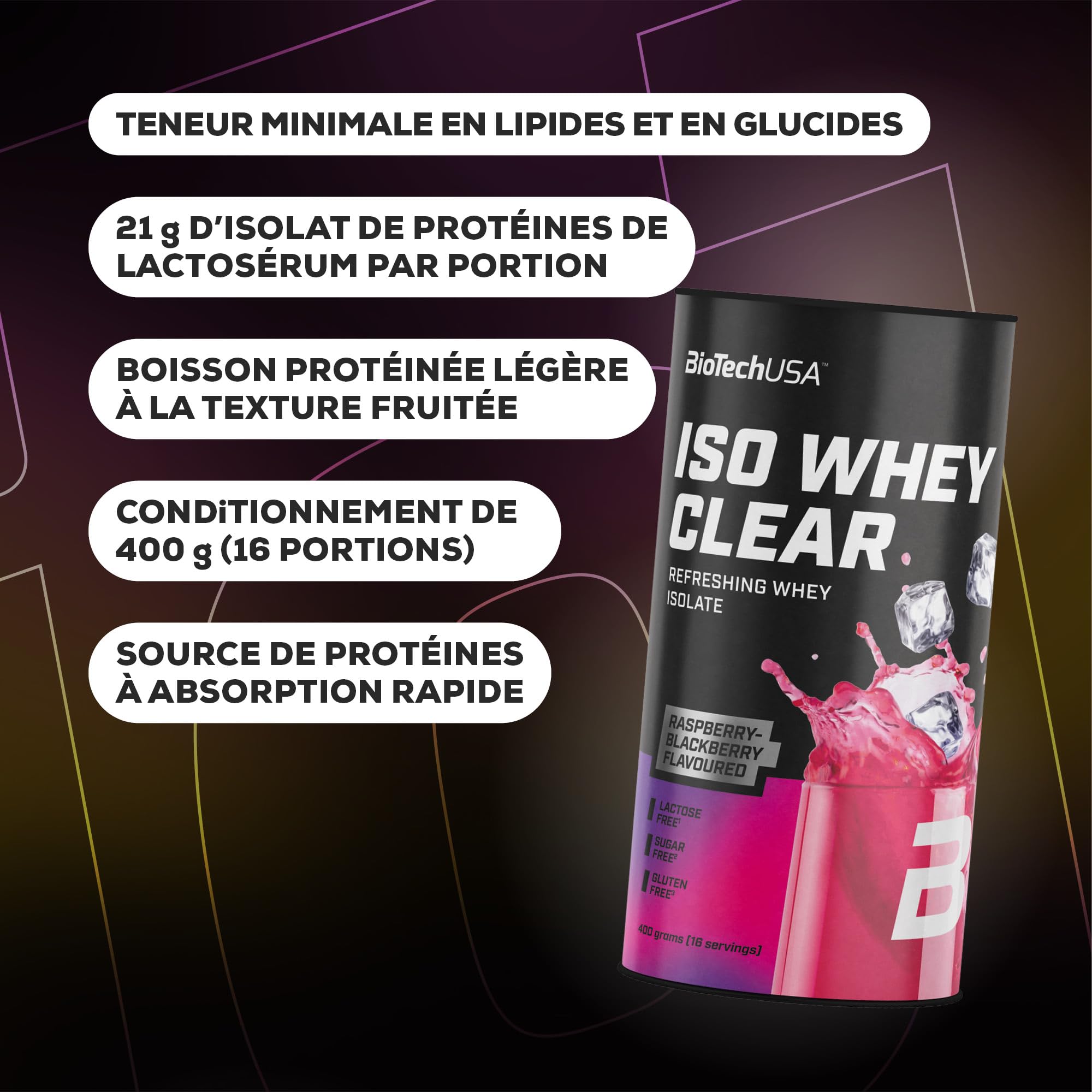 BioTechUSA Iso Whey Clear | Boisson en poudre à base d'isolat de protéines de lactosérum | 21 g de protéines par portion | Sans lactose, sans sucre et sans gluten, 400 g, Figue De Barbarie