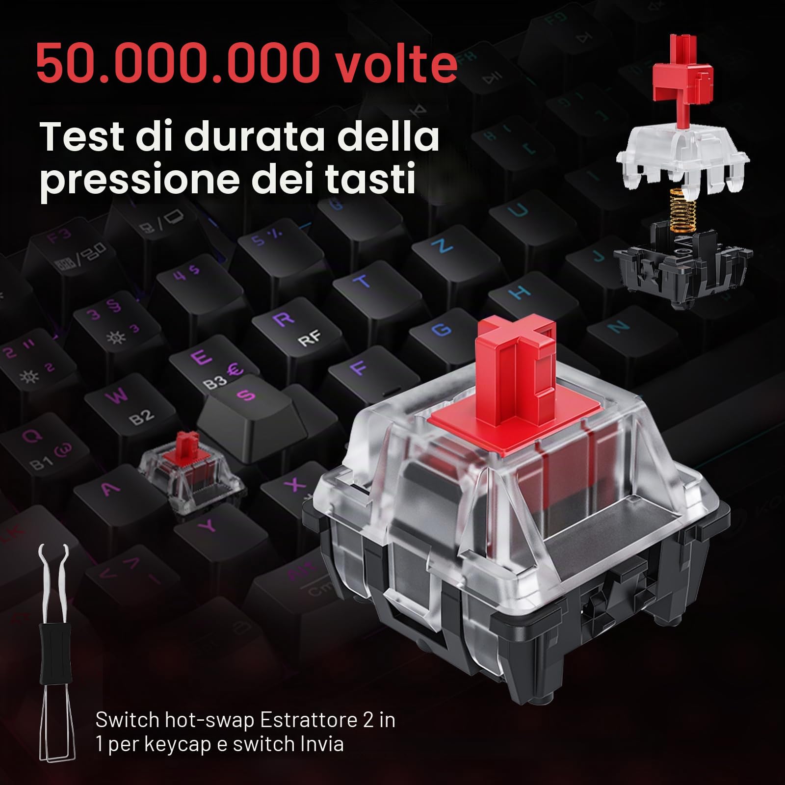 KOORUI Tastiera meccanica, tastiera da gioco senza fili/cablati/Bluetooth 26 RGB ricaricabile 4000 mAh batteria 82 tasti layout tedesco QWERTZ per Windows MacOS Linux interruttore rosso