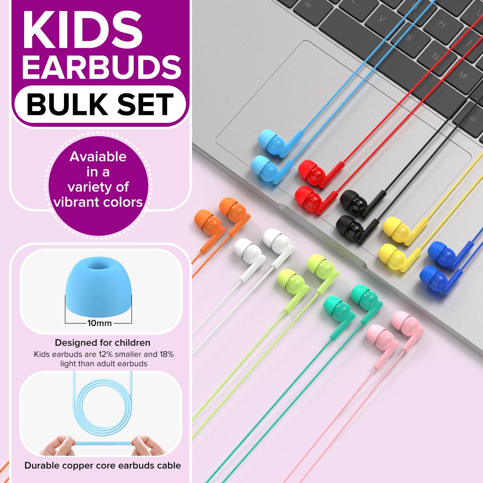 Confezione da 50 auricolari per bambini, per scuola, scuola, all'ingrosso, cablati, con jack da 3,5 mm, per bambini, ragazzi, ragazze (HTC003, colori misti)