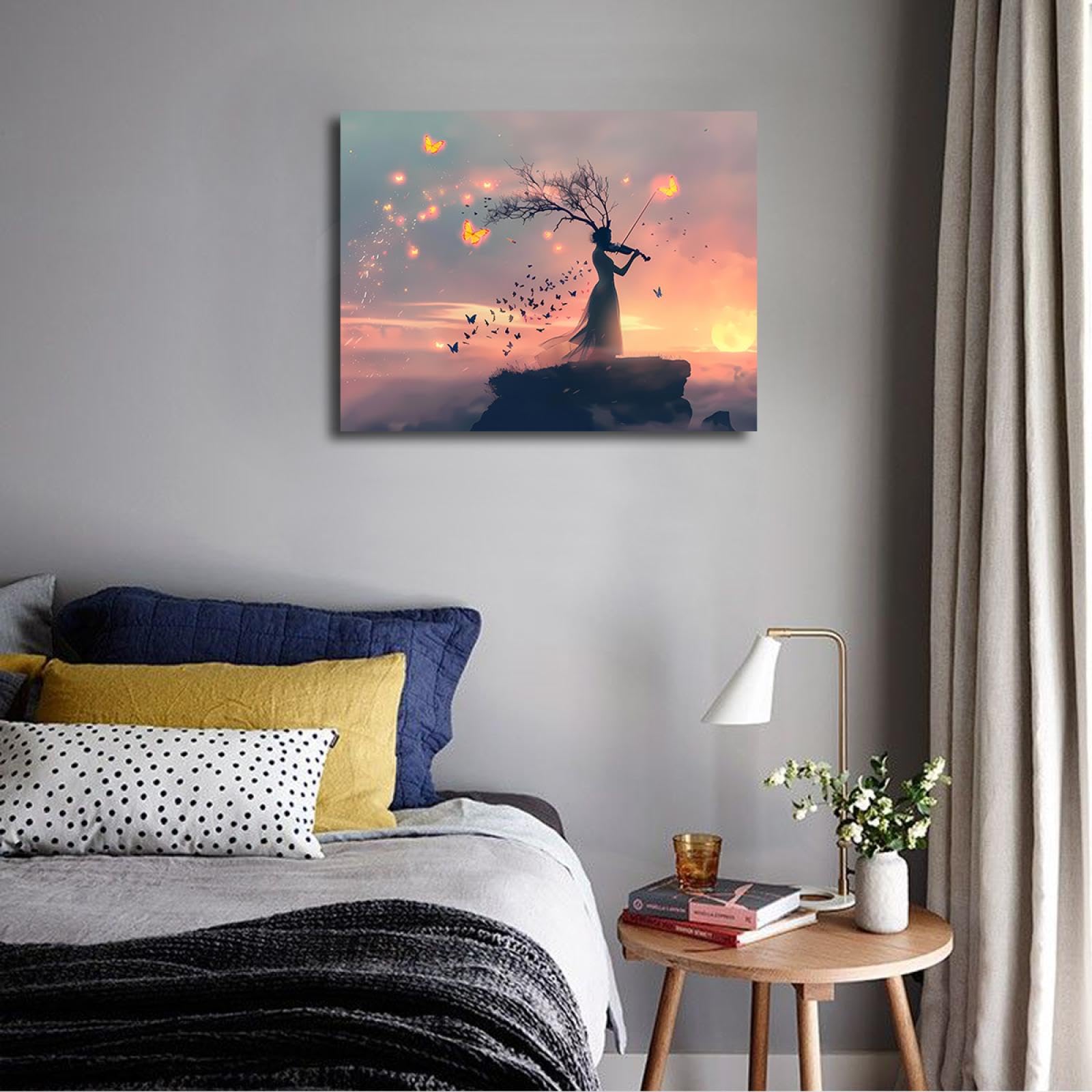 YUNART Sen zachód słońca wydruki na płótnie plakaty skrzypek motyl obrazy ścienne do salonu wystrój Giclee grafika 80 x 105 cm rama wewnętrzna