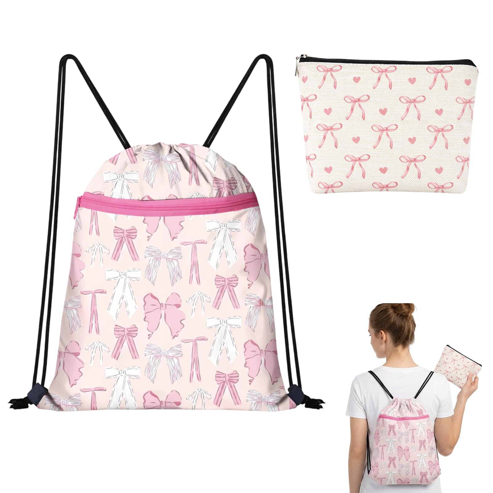 Girls Swimming Bag,Waterproof Swimming Bag, Swimming Bags, Girls Swim Bag, PE Bag, Cute Bows Large Capacity Drawstring Combination Backpack, for School Swimming Travel Fitness Climbing, 42 Cm X 34 Cm