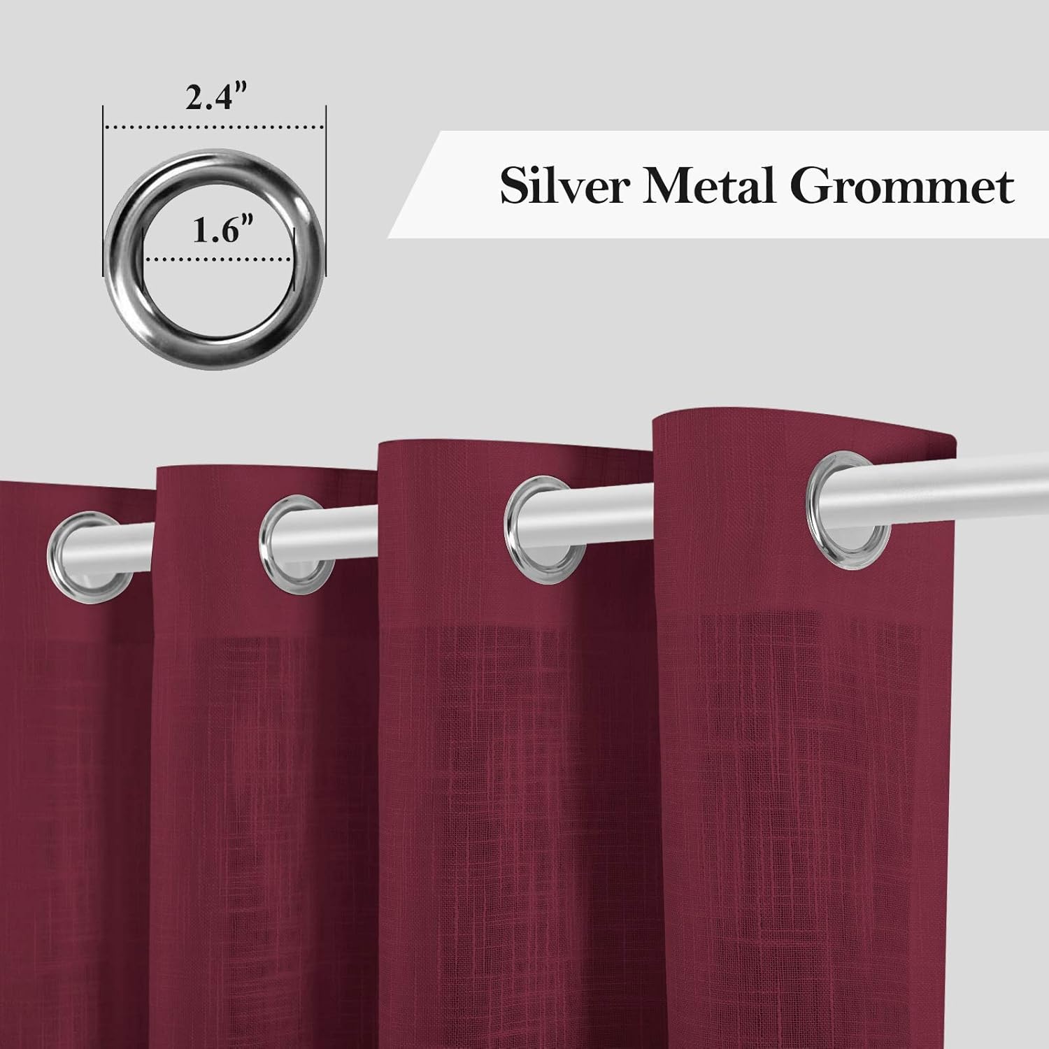 Melodieux Burgundy Linen Textured Semi Sheer Curtains 84 Inches Long for Living Room Bedroom Rustic Flax Linen Grommet Voile Drapes, 52 by 84 Inch (2 Panels)