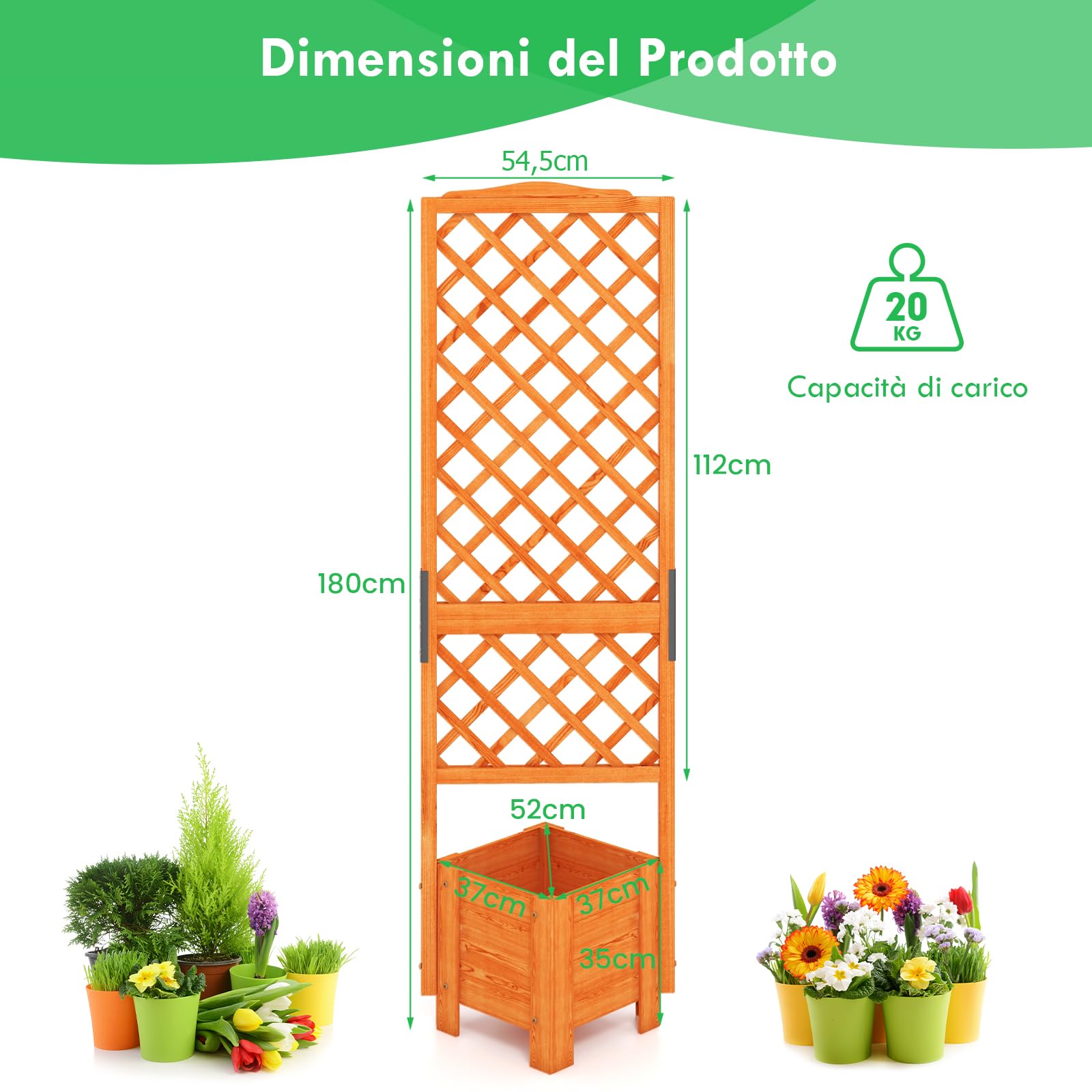RELAX4LIFE Fioriera da Esterno in Legno, Aiuola Rettangolare con Grigliato e Drenaggio, Porta Piante di Fiori e Rampicanti per Giardino/Balcone/Cortile (Modello 2)