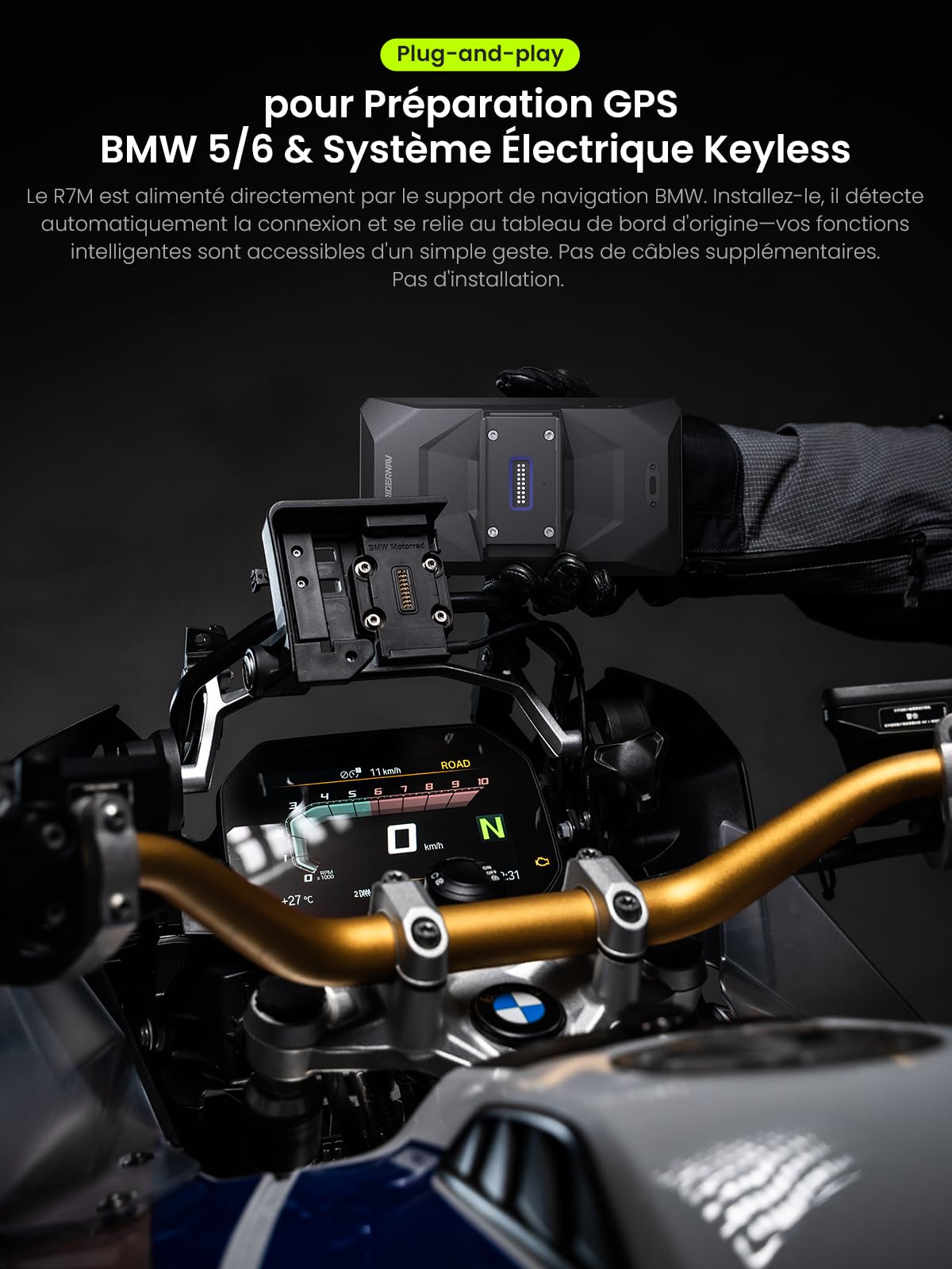 R7M 7" CarPlay et Android Auto sans Fil pour Motos BMW - Commande Native Wonder Wheel & Action Camera | Lecture des Données en Temps Réel (TPMS/RPM) | Mises à Jour OTA | GPS IP69K | Nav Pre