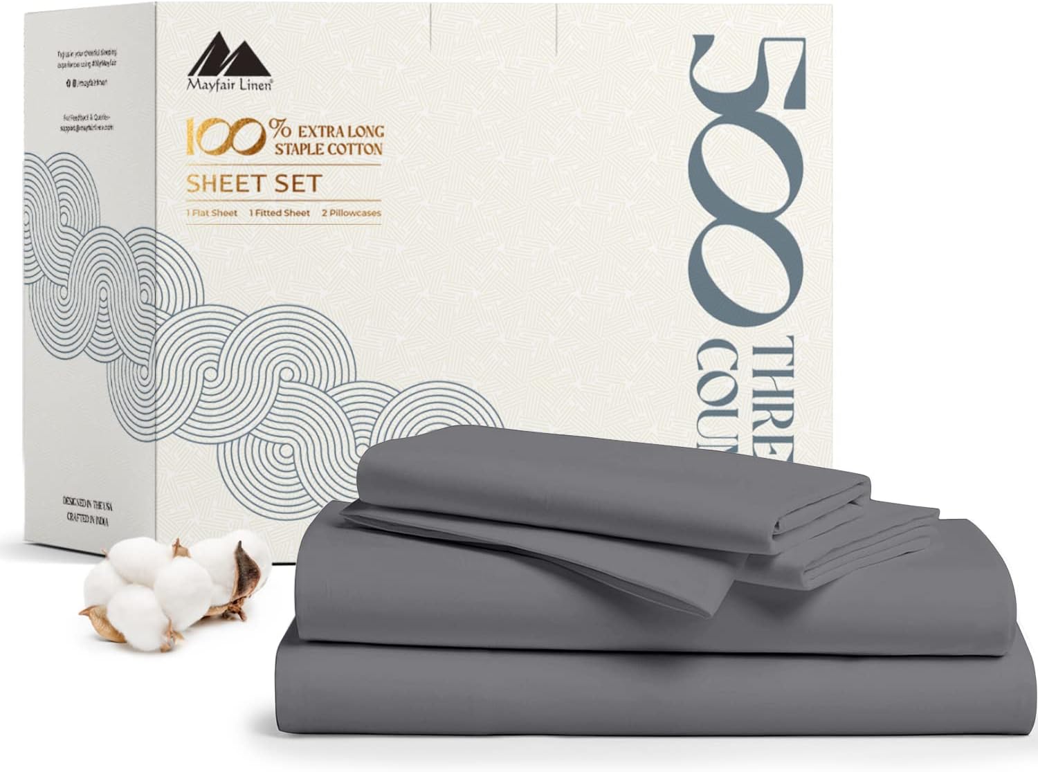 Mayfair Linen 100% Cotton King Size Sheets Set - 500 Thread Count 4 PC Cotton Sheets for King Bed, Deep Pocket King Sheet Set for Hot Sleepers, Cotton Sheets King Size, Soft Cooling Sheets (Dark Grey)