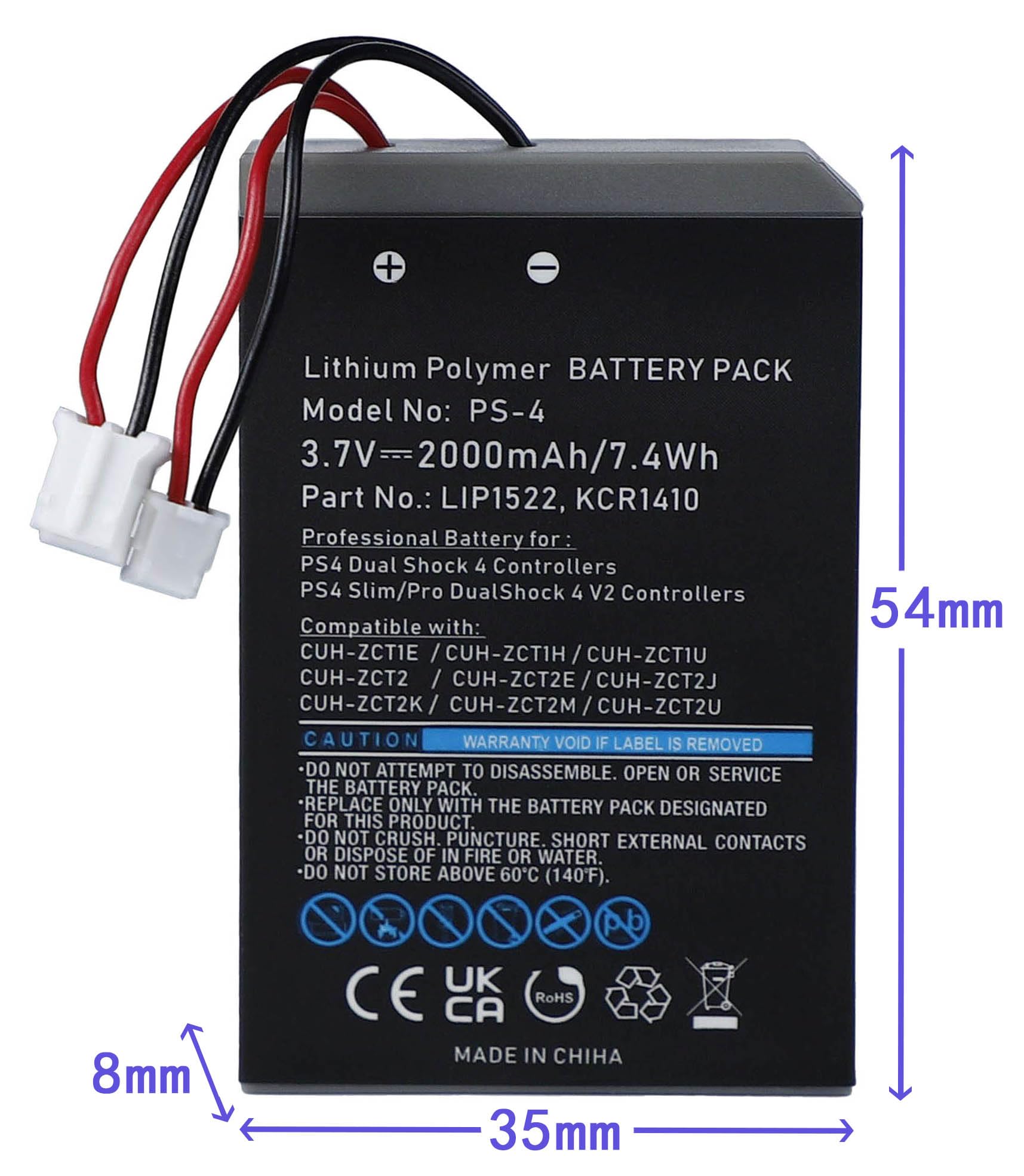 Lot de 2 batteries LIP1522 KCR1410 pour manette Sony PS4 DualShock 4 2000 mAh 3,7 V | Compatible avec DualShock 4 Slim Pro V1 V2, CUH-ZCT2E CUH-ZCT1, manette PlayStation 4, Li-ion