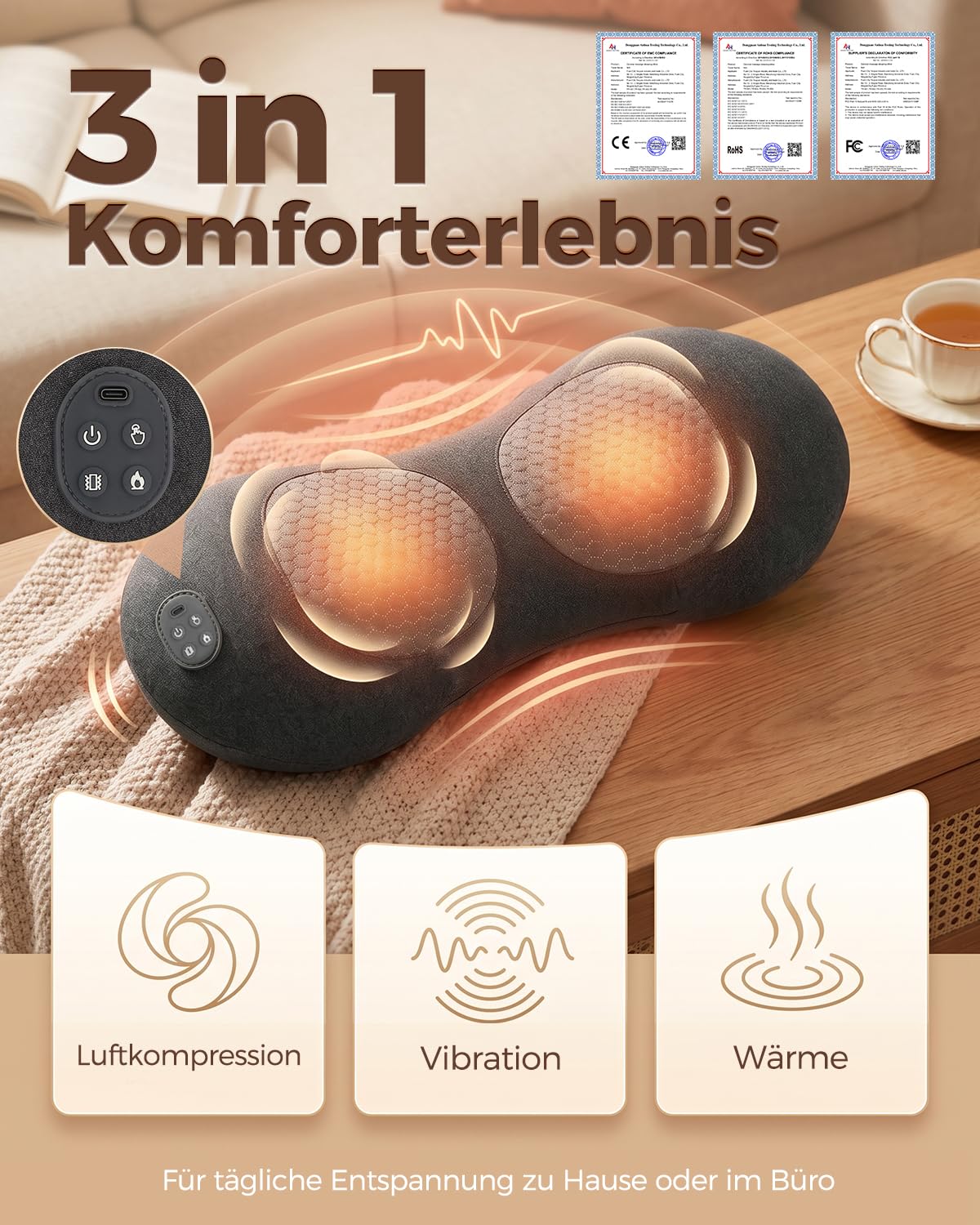 3 in 1 Rückenmassagegerät mit Wärmefunktion für Nacken & Rücken | Massagekissen mit Luftkompression, Vibration und 3 Wärmestufen; weicher Stoff, USB-C Laden für Schultern und Rücken