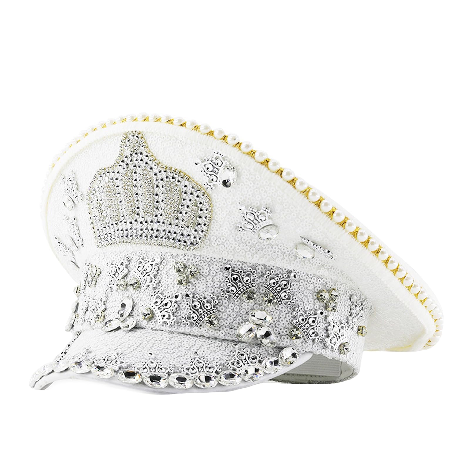 Cappello marino brillante per adulti, unisex, da sposa, con paillettes luccicanti, corone, cappello da capitano per feste di compleanno, cappello da capitano per formale corona bianca con