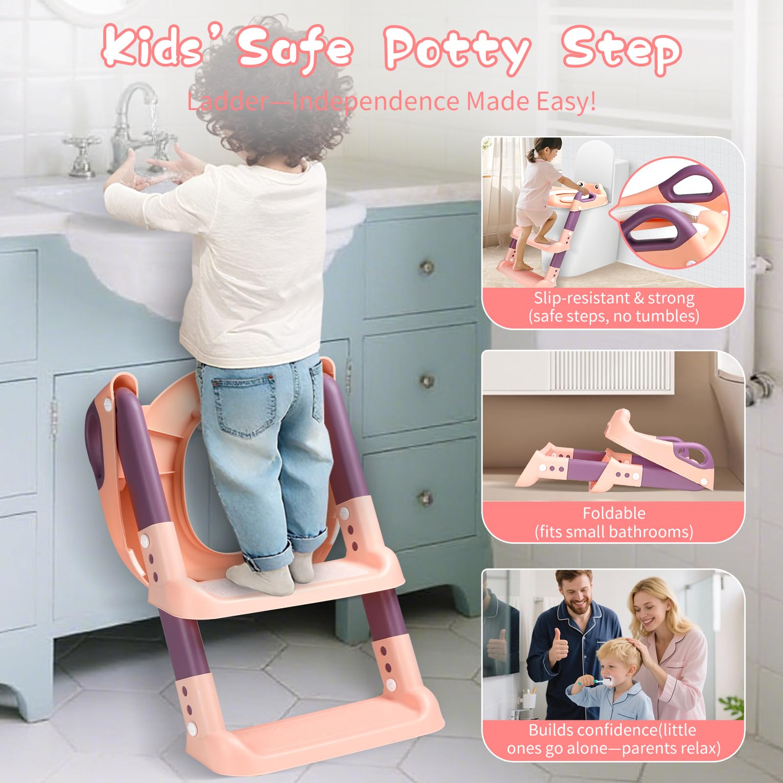 Sedile WC per Bambini con Scale, WC per Bambini, 2 in 1, con Scale, per Ragazzi e Ragazze, Sedile WC con Poliuretano, Regolabile in Altezza e Pieghevole, Antiscivolo con Spritzsc
